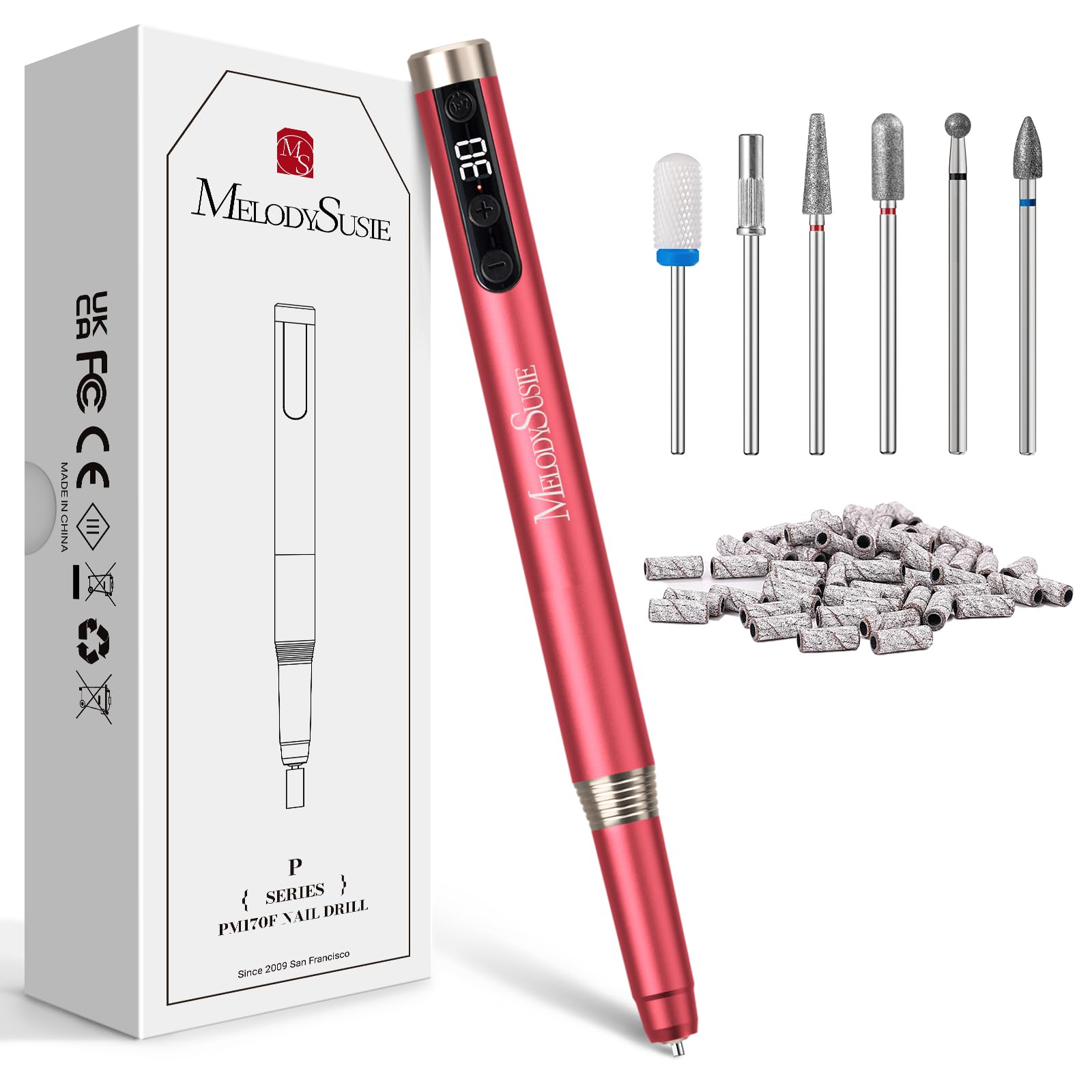 MelodySusie Portable Electric Nail Drill, Cordless 30000RPM Nail EFile with Drill Bits & Ultra Fine Sanding Bands for Manicure Pedicure, Professional Nail File Tool for Women, PM170F Red