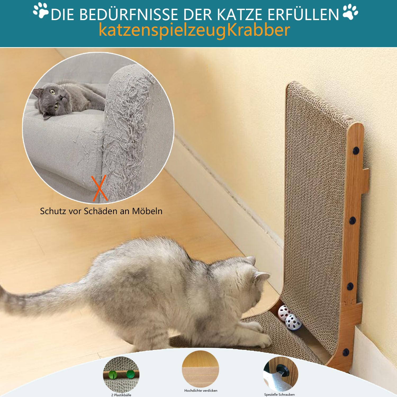 Rascador para gatos en forma de L montado en la pared, 60 cm, vertical/horizontal, de cartón con juguete de bola, diseño duradero que ahorra espacio para gatos de interior
