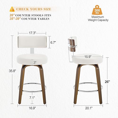 Miniatura 2 de Bekrvio Juego de 3 taburetes de bar giratorios de piel sintética, taburetes de cocina tapizados con respaldo, patas de madera de nogal, sillas de