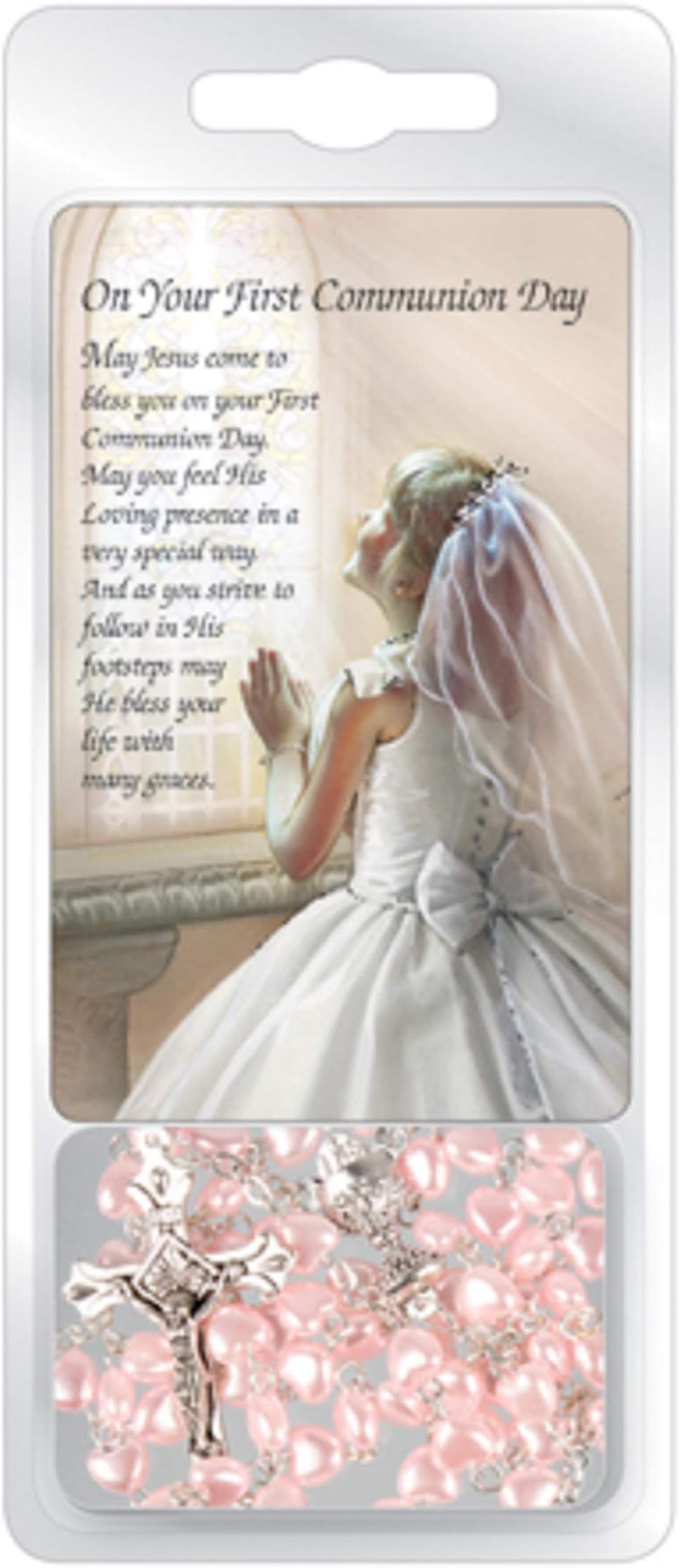 the Healing Corner Girl's First Holy Communion Gift Pearl Effect Pink Rosary & Communion Prayer Card …