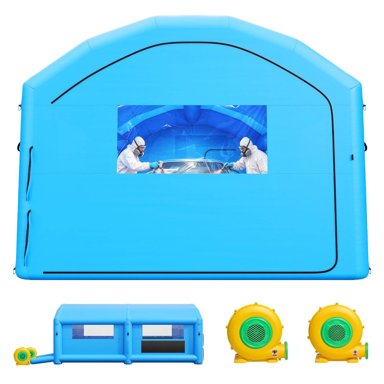VEVOR Cabina Gonfiabile per Verniciatura a Spruzzo, Cabina Portatile 7 x 4 x 2,75 m, con Soffiatori da 550W a 750W e Filtro in Cotone, con Tetto ad Arco, Colore Blu, per Veicoli Taglia Media e Mobili