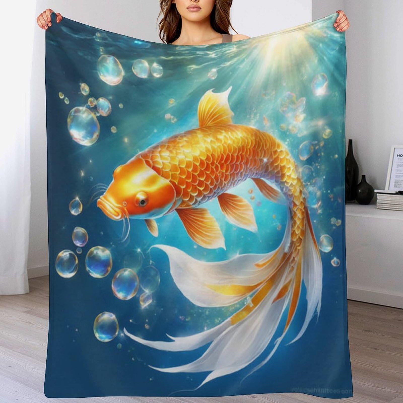 Tapis Douillet Poisson Koi Plaid Flanelle pour Soirée Canapé au Chaud