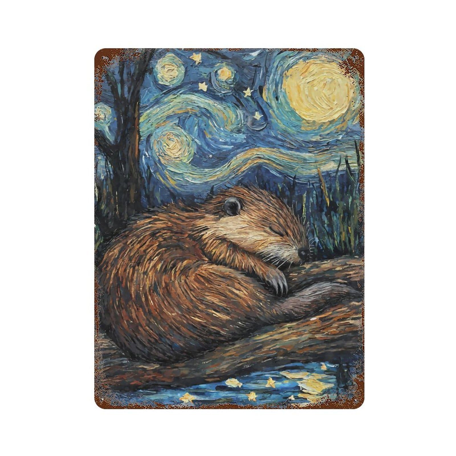 Garage Style Beaver Sleeping Starry Night Weathered Tin Sign 15.7"x11.8", Classic Wall Plaque for Bar And Workshop