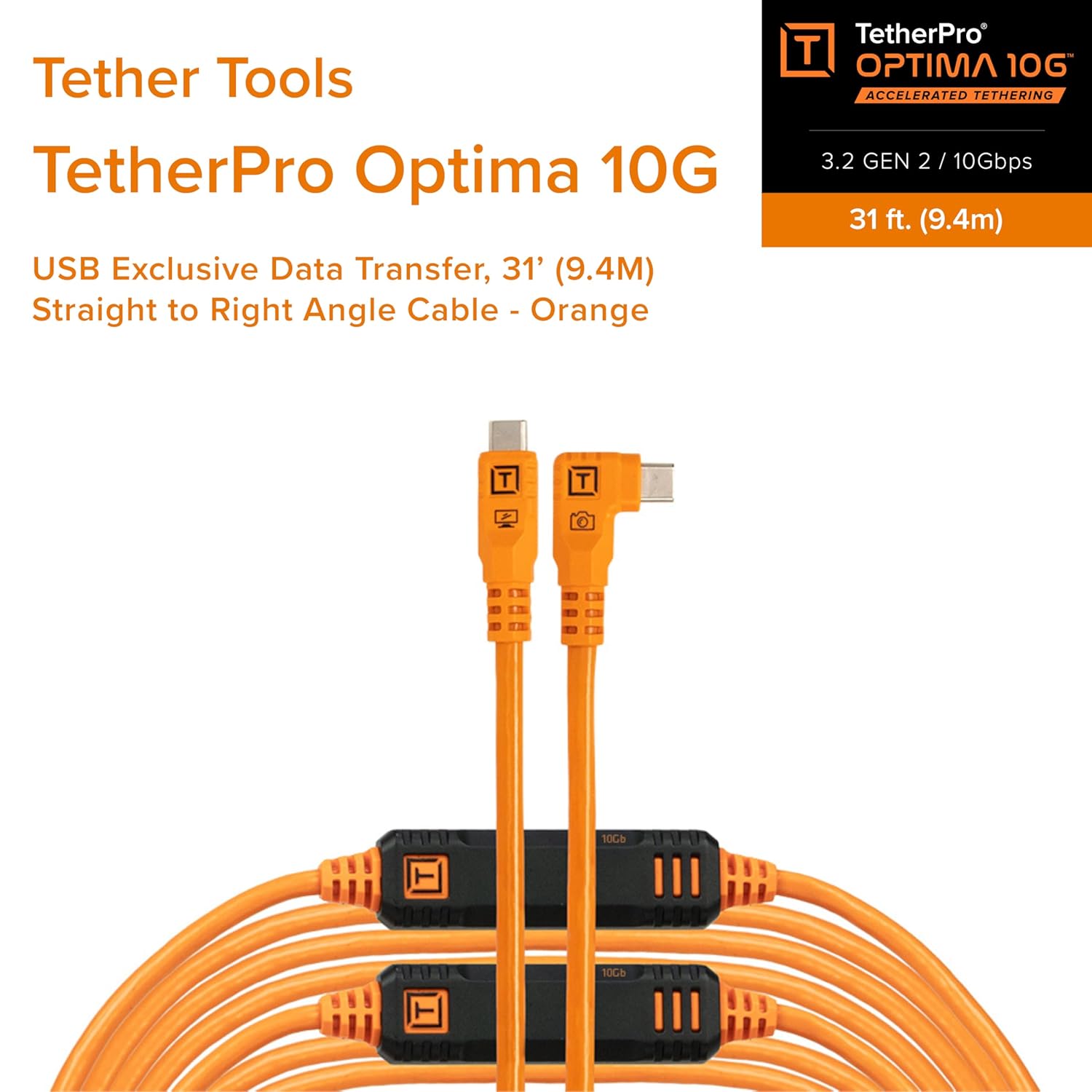 TetherPro Optima 10Gbps Gen 2 USB-C, 31' (9.4m), Straight to Right, High-Visibility Orange