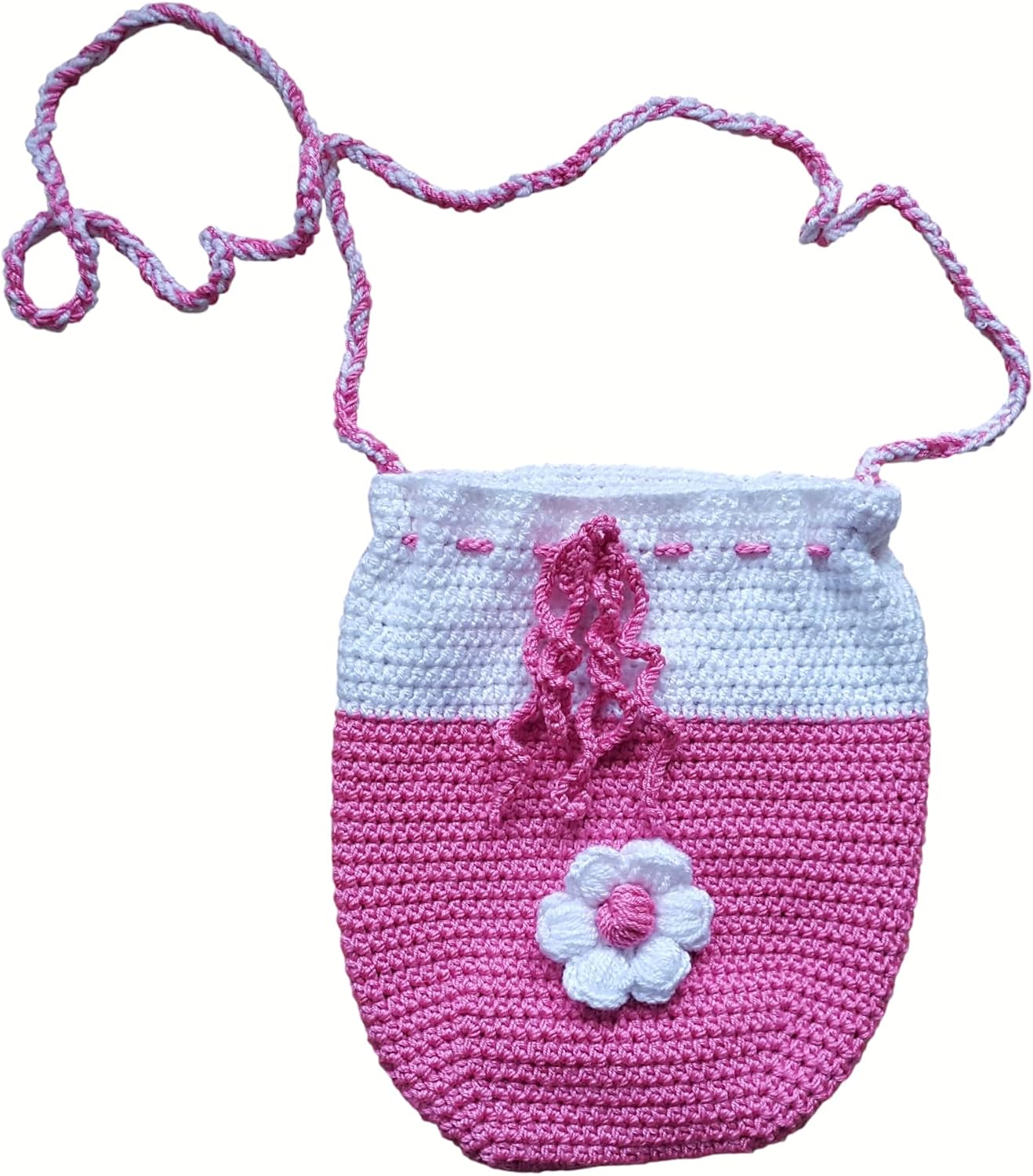 Handmade Crochet Crossbody Drawstring Bag for Girls and Kids, Cotton Knit Bucket Shoulder Tote, Lightweight Summer Market Purse, Colorful Woven Yarn Bag for Everyday Use and Gift