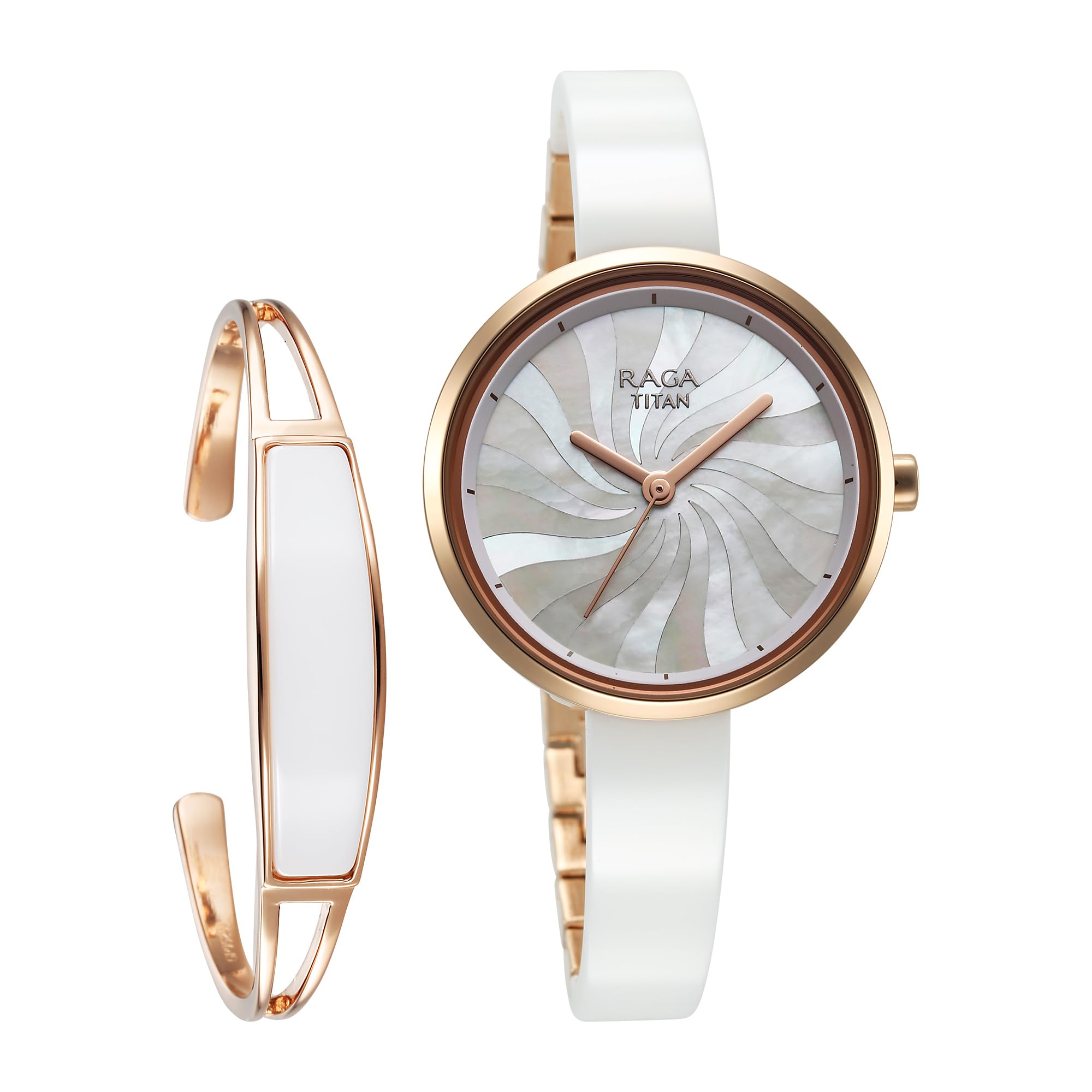 Titan Raga Memoirs Quartz Analog Mother of Pearl Dial with White Ceramic Strap Watch for Women/NT95253KD01F