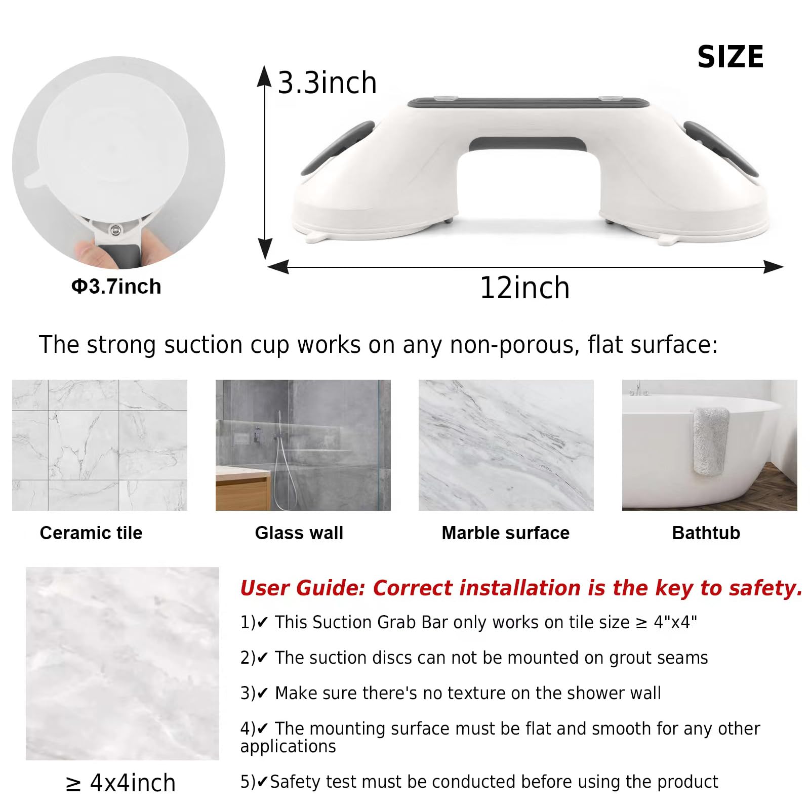 Newthinking maniglie ventosa da bagno 30cm, doccia anziani maniglia ventosa con Indicatore, maniglione ventosa bagno per Anziani disabili (Grigio scuro)