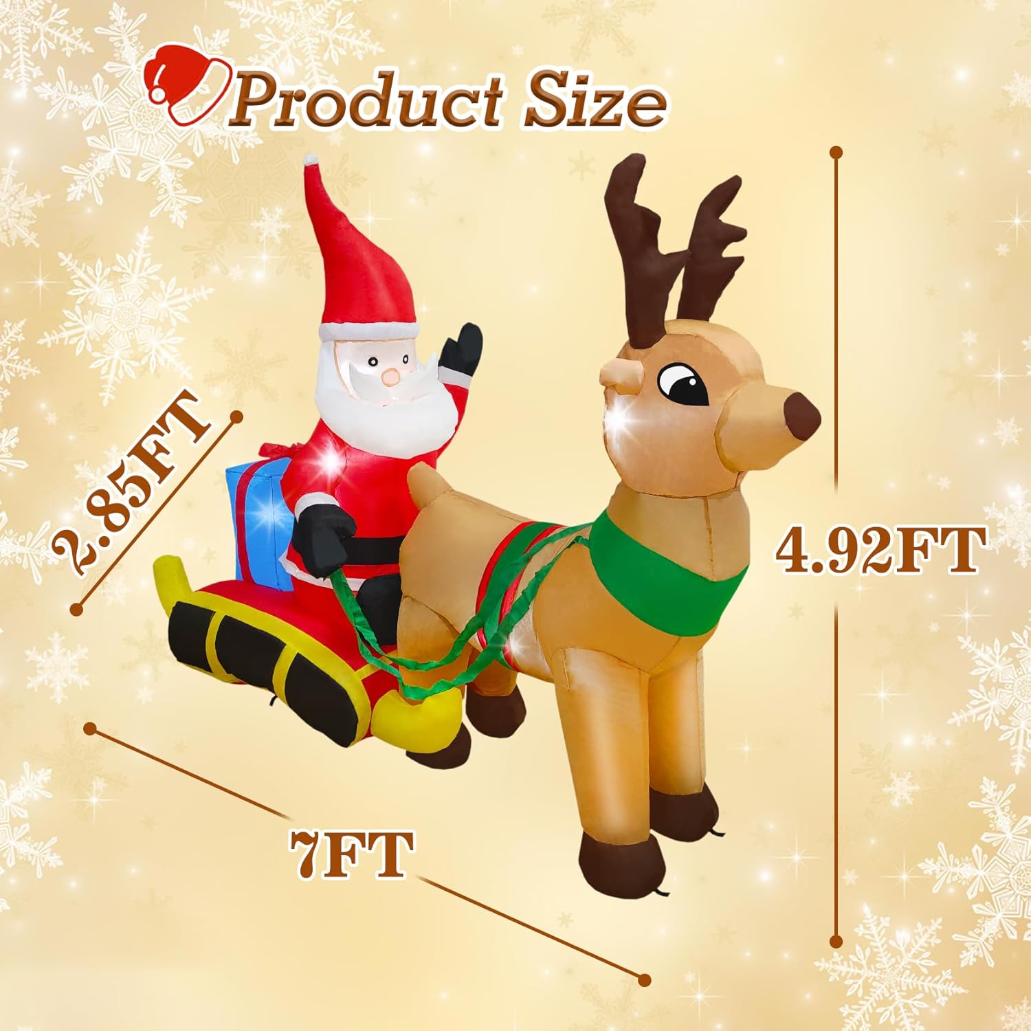 7.2 Ft Length Christmas Inflatable Santa on Reindeer Sleigh Decoration, Durable Blow Up Decoration Built-in LED Light, Christmas Inflatables for Garden Patio Lawn Home Indoor Winter Holiday Party