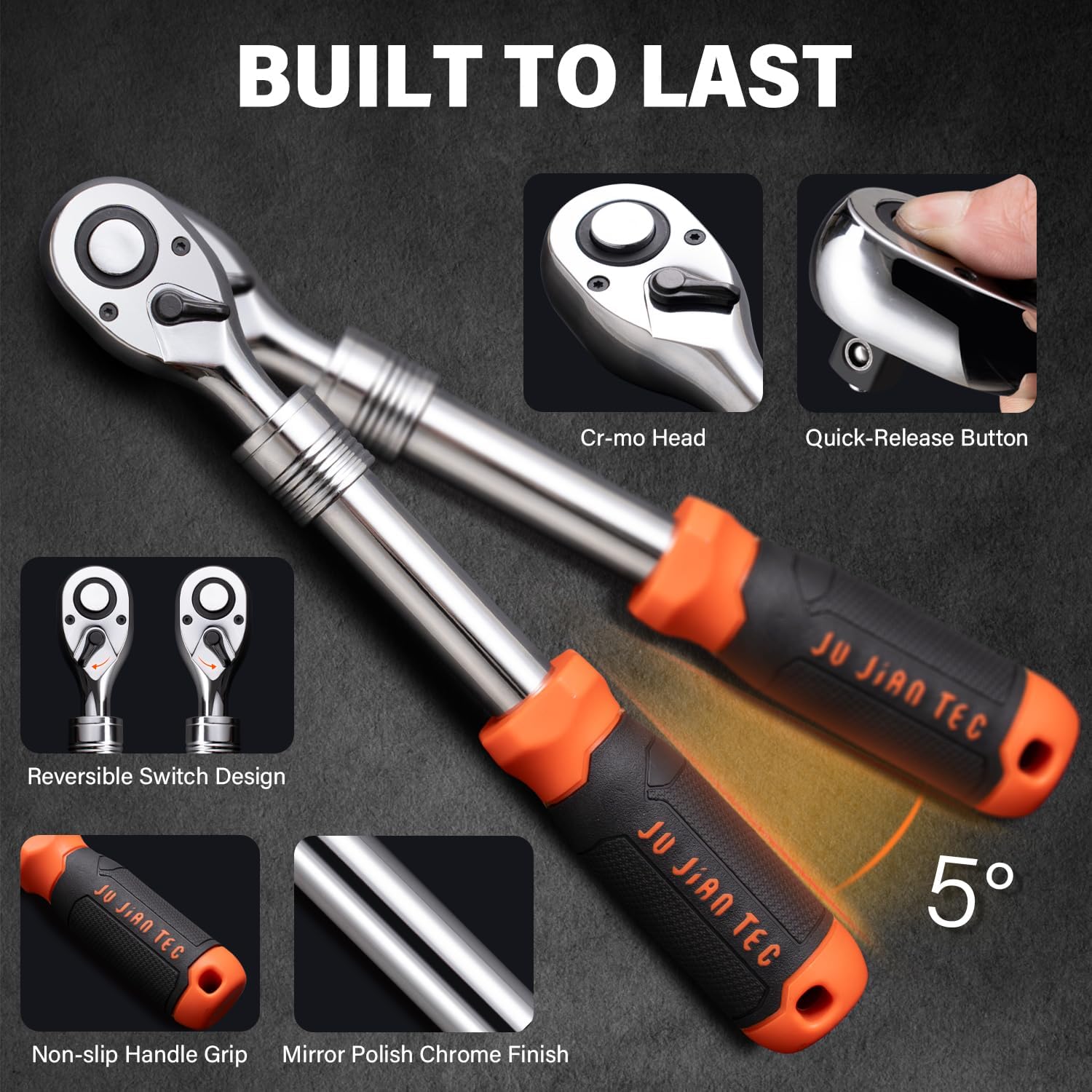 3-Piece 72 Tooth Ratchet Wrench Set, 1/4”, 3/8”, 1/2” Drive Reversible Ratchets, Quick-Release Design, Soft Grip Handle with Storage Box for Auto Repair & DIY