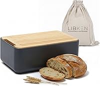 Libken Extra Thick Steel Bread Box with Bamboo Cutting Board Lid & Drawstring Bag - Black Scandinavian Bin for Sourdough Bread Storage