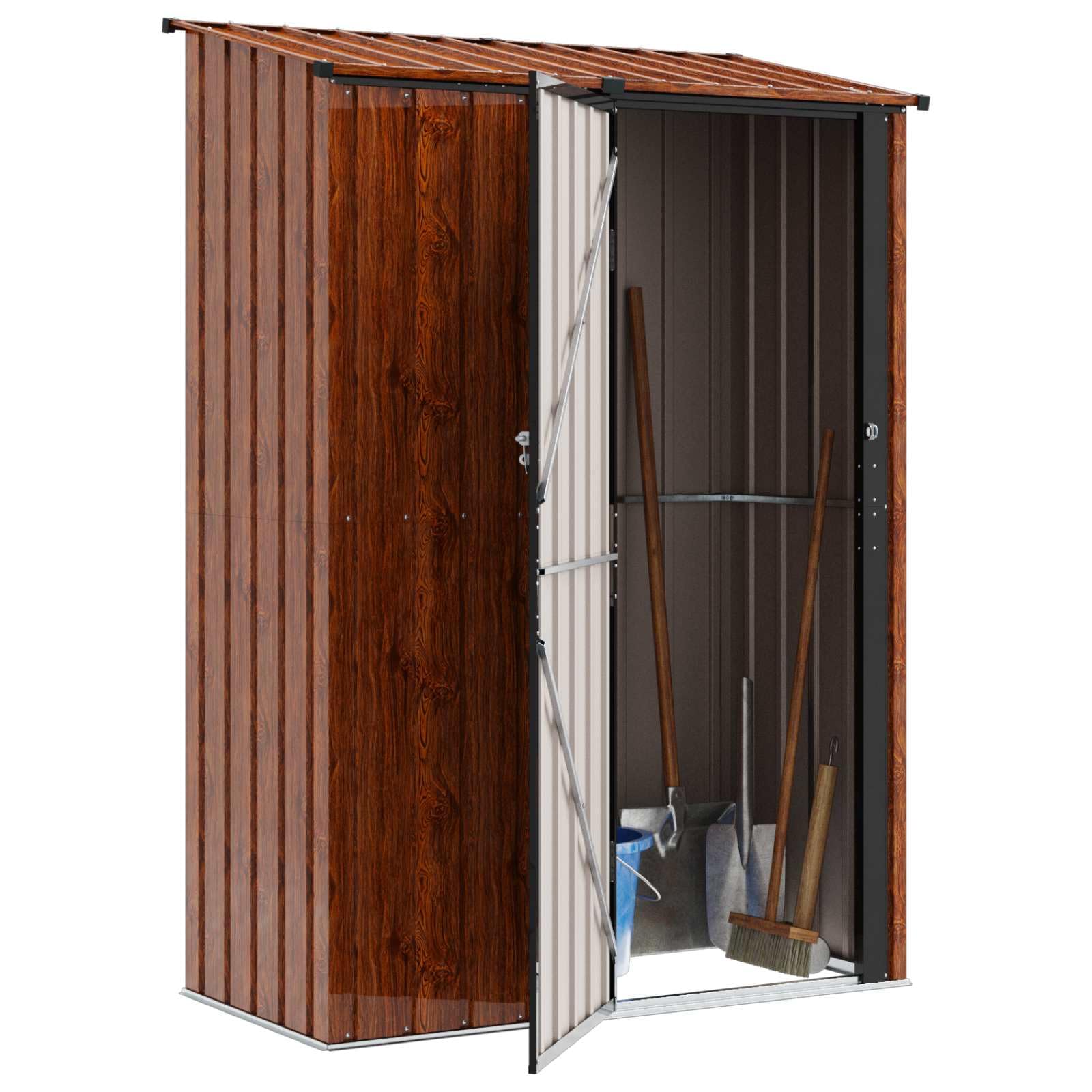 Domek ogrodowy metalowy, brązowy, 140,5 x 74 x 200 cm, z zamkiem, odporna na warunki atmosferyczne, na taras, balkon, podwórko, szopa na narzędzia z miejscem do przechowywania narzędzi