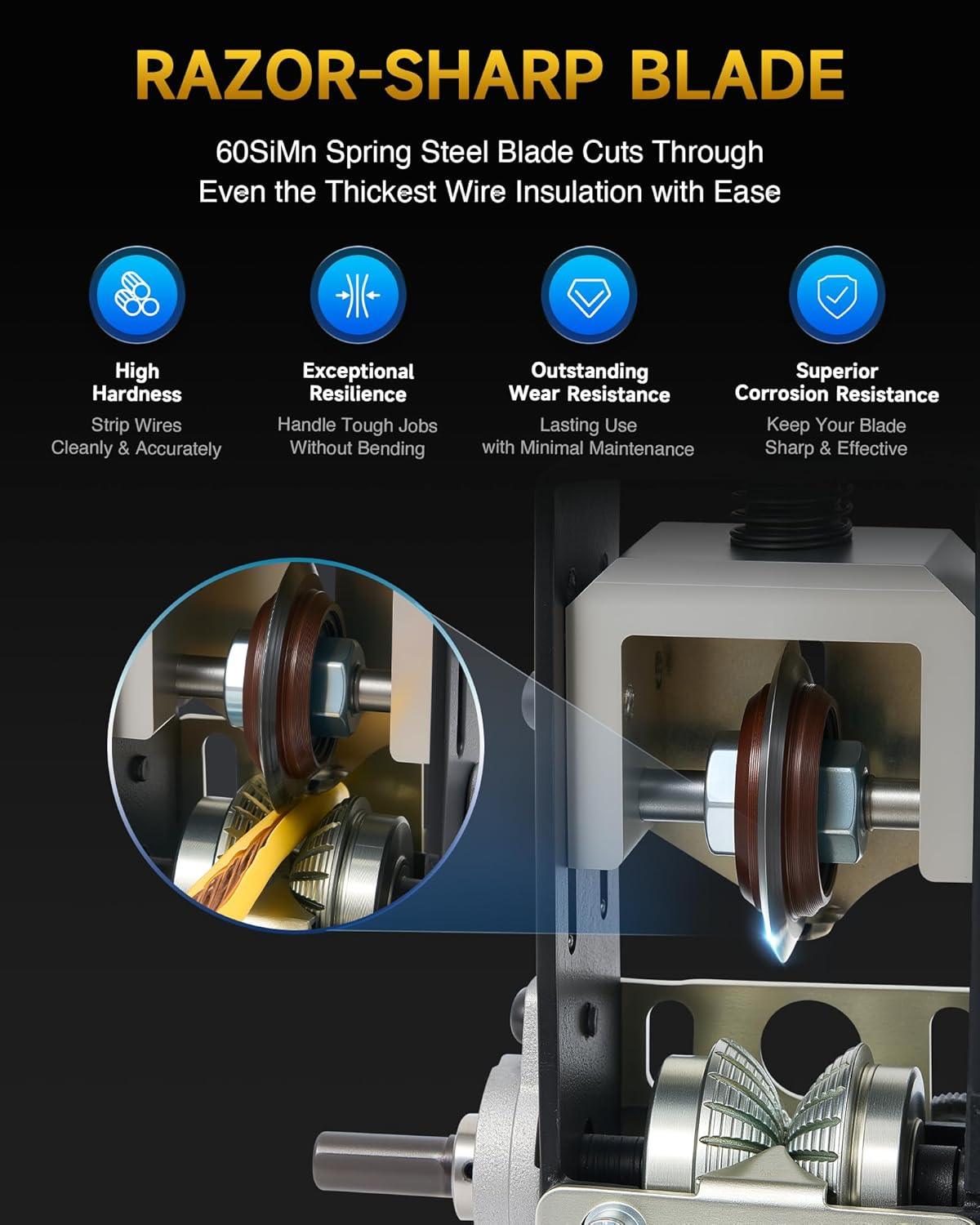 Close-up of the razor-sharp 60SiMn spring steel blade