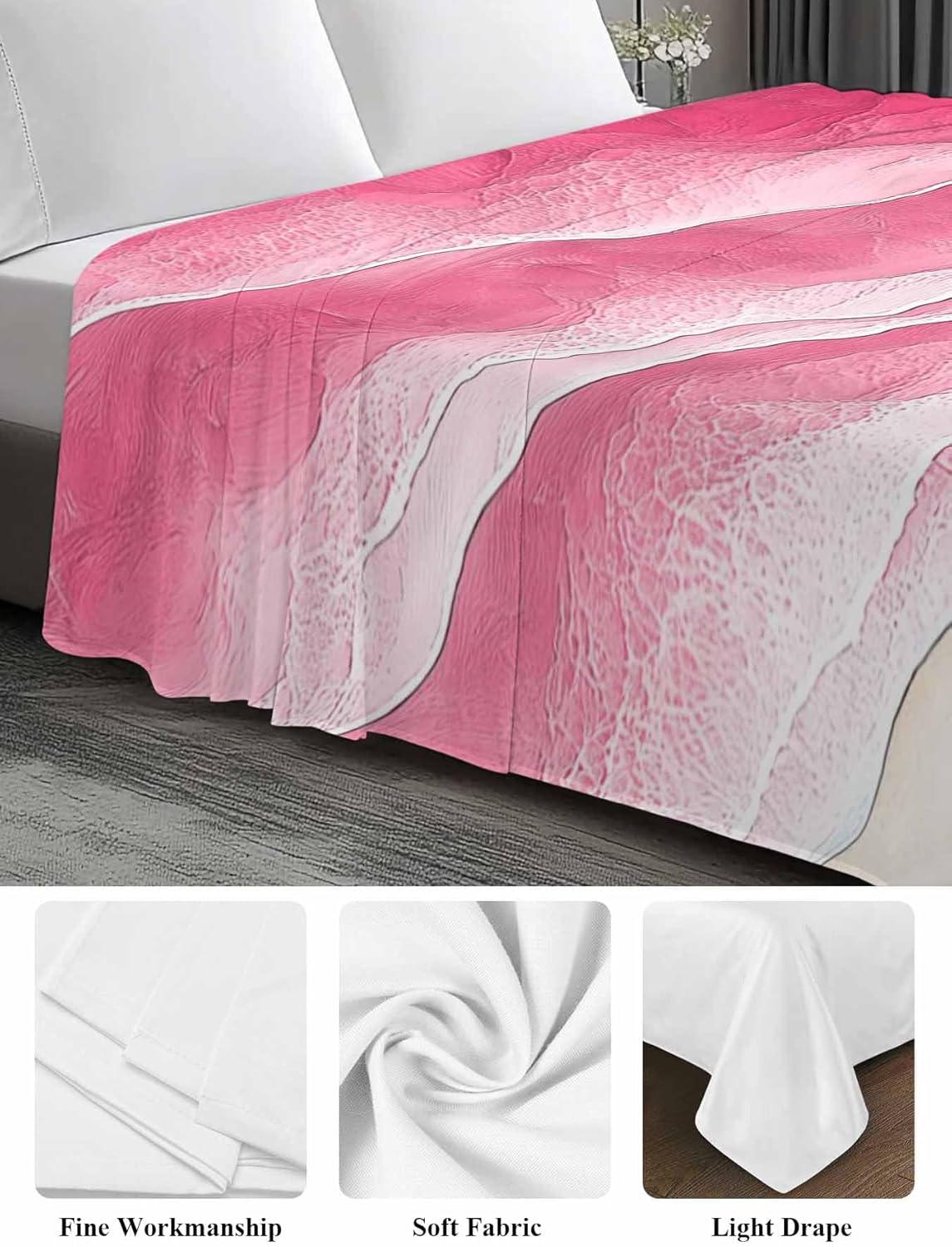 Top Sheet Full Bedding Flat Sheet Only, Pink Gradient Waves Ocean Microfiber Bed Sheets Soft Breathable Bedding Flat Sheets, Summer Beach Coastal Hotel Luxury Top Sheets