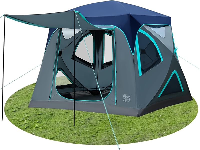TIMBER RIDGE 4 Person Instant Pop Up Hub Tent for Camping | 8 Windows with Awning, Easy 60 Second Setup, Weather Resistant Family Cabin Tents with Rain Fly for Camping, Outdoor Travel