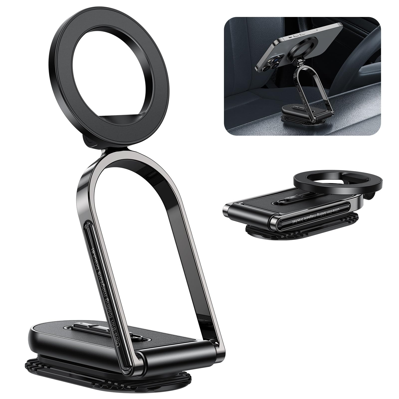 OMOTON Soporte Movil Coche para Magsafe, [360° Giratorio & Brazo de Aluminio] Incluye Anillo Magnético, Soporte magnetico movil Coche para Todos Los Teléfonos Móviles, Ideal Salpicadero o Escritorio