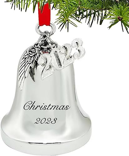 Miniatura 7 de JUPPE Golden It's A Wonderful Life Adorno de campana de Navidad, adorno de campana de trineo de Navidad grabada con ala de ángel y dije 2023