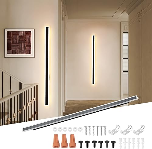 Miniatura 7 de Moderno aplique de pared enchufable para interiores y exteriores, lámpara LED de pared negra mate de 59 pulgadas, 48 W, blanco cálido, 3000 K, cable
