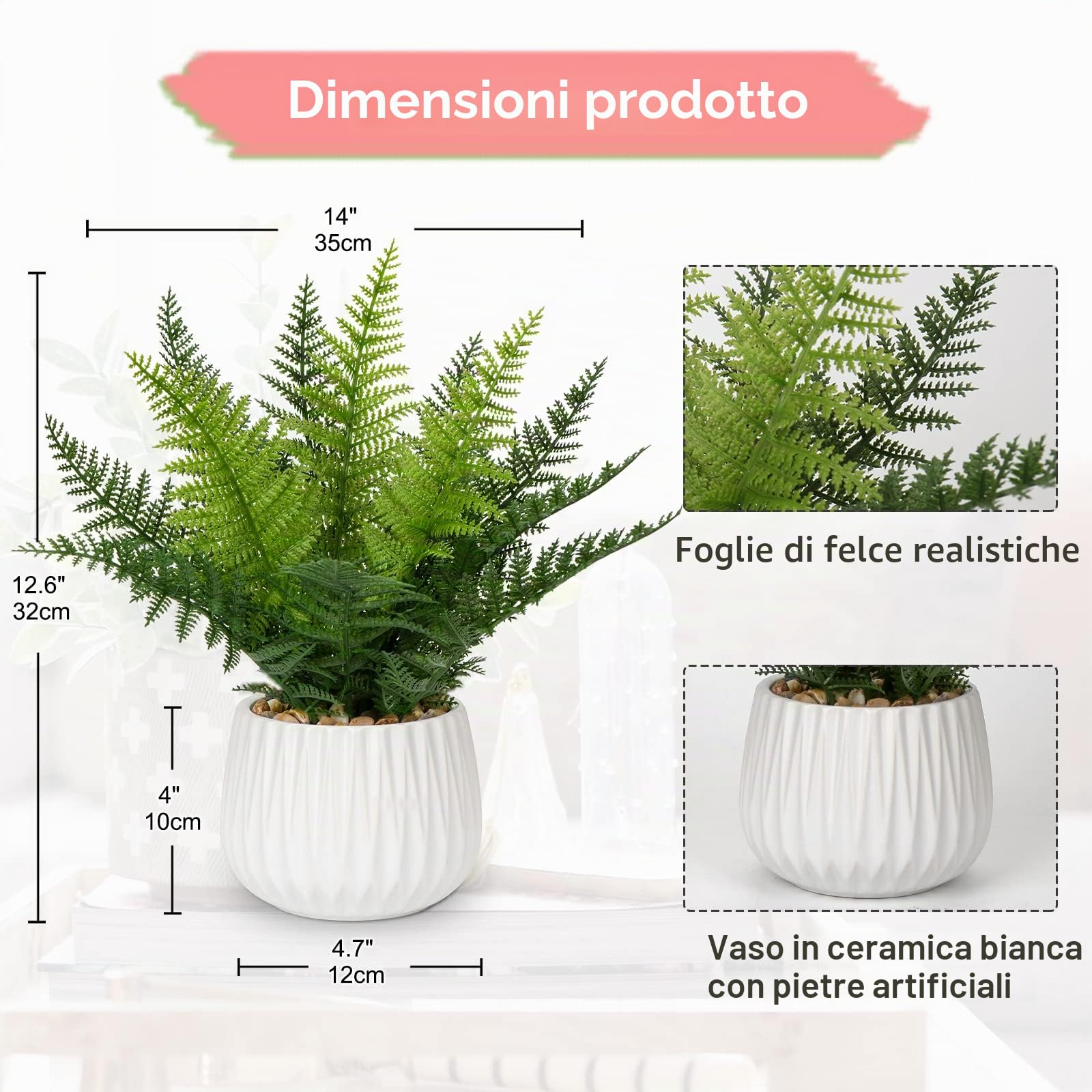Piante finte da interno in vaso di ceramica, 32 cm, felce di Boston, pianta decorativa in vaso, pianta artificiale per casa, ufficio, bagno, camera da letto, scrivania, decorazione della stanza