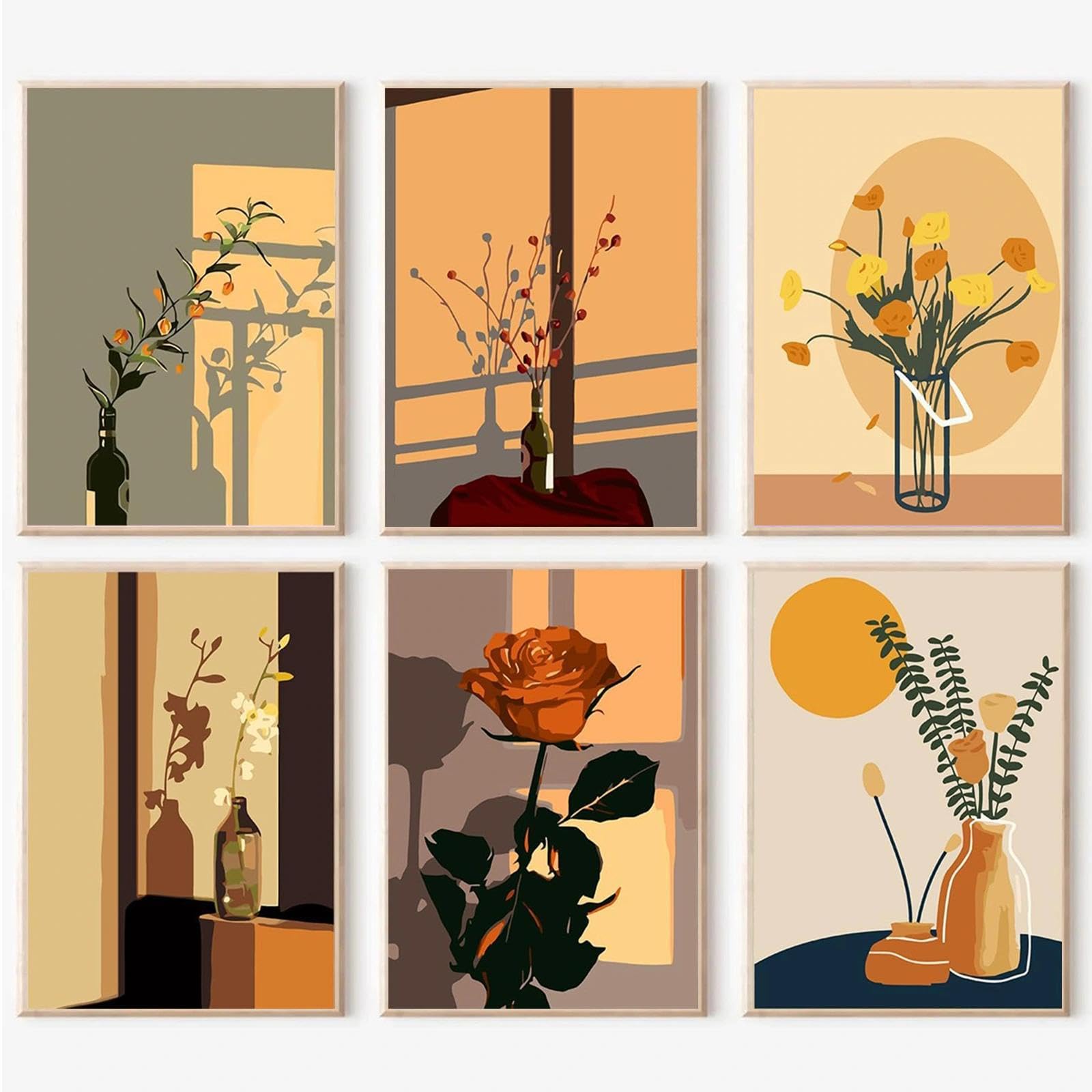 JATOK 6 Stück Malen Nach Zahlen Erwachsene, Paint by Numbers Malen Nach Zahlen, DIY Rosen mit Pinseln und Acrylfarben Handgemalt Ölgemälde Leinwand für Home Decor, Ohne Rahmen (20x30cm)