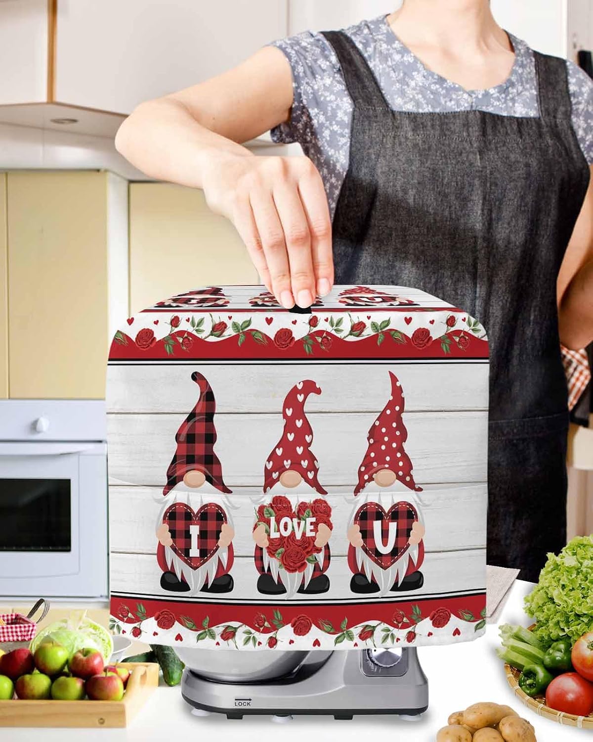 Stand Mixer Cover with Storage Pocket, Valentine's Day Waterproof Kitchen Mixer Covers, Vintage Love Heart Romantic Roses Gnomes Kitchen Appliance Dust Cover Compatible with 4/4.5 Quart Mixers