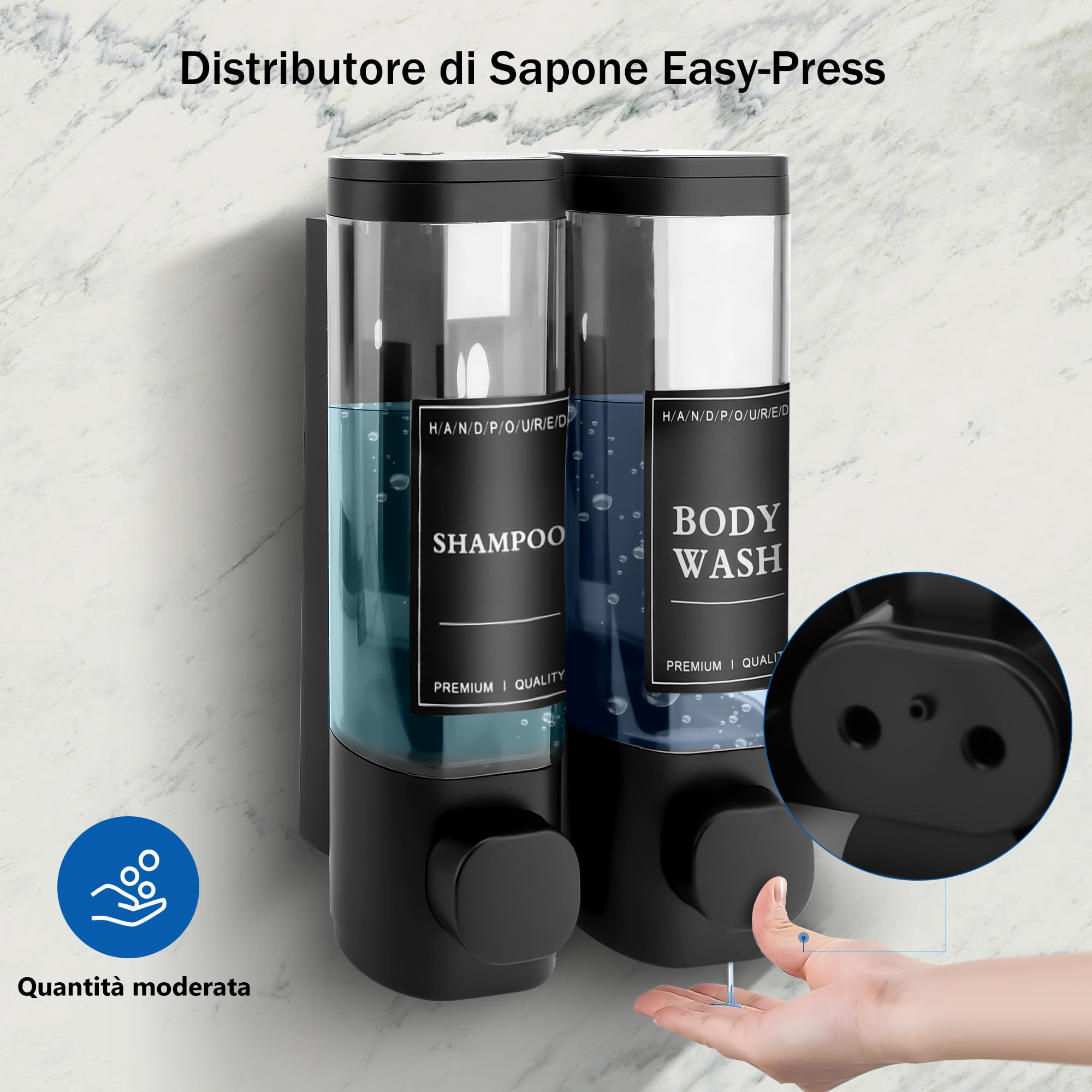 Dispenser Sapone Bagno, Dispenser Di Sapone Da Parete Mani Con Etichetta Impermeabile Per Cucine Bagni (Nero, 2x300ml)