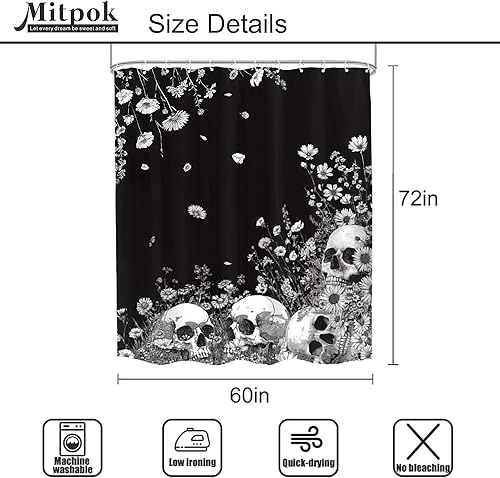Miniatura 31 de Cortina de ducha con diseño de calavera negra y morado, de 60 pulgadas de ancho x 72 pulgadas de alto, esqueleto gótico gótico, polilla cruzada, C