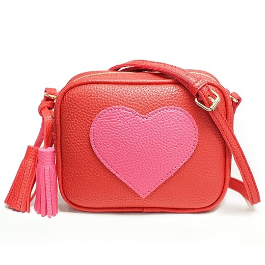 Gift for Girls Women Heart Purse Crossbody Bag PU Leather Roomy with Tassel and Adjustable Straps Design in Italy (Red & Rose Red)
