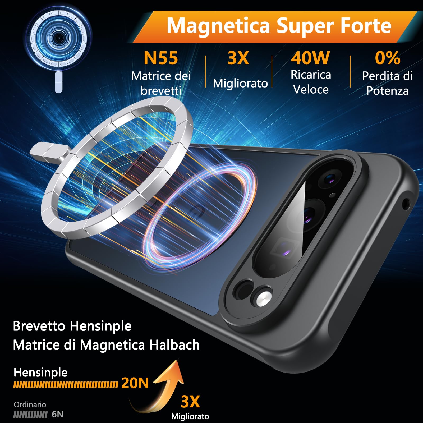 Hensinple Cover Magnetica per Google Pixel 9 Pro XL con Vetro Temperato, Compatibile con MagSafe, Custodia Traslucida Opaca Posteriore Resistente ai graffi TPU Bumper Antiurto Protettiva Case, Nero