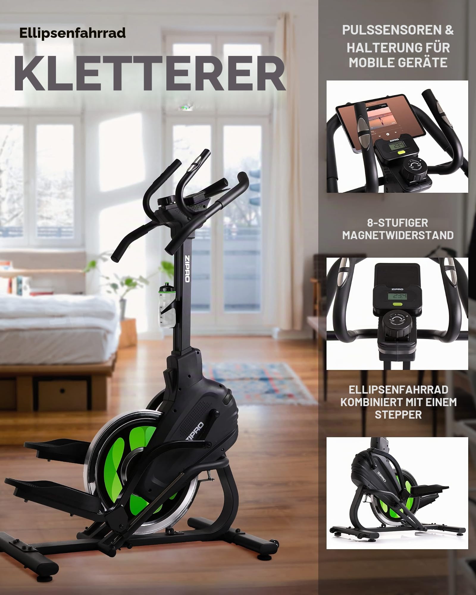 Zipro Erwachsene Magnetischer Crosstrainer Ellipsometer Climber bis 120kg, Schwarz, One Size, einheitsgröße, 5942608