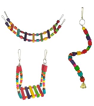 KSK Combo of 3 Bird Toys Spiral Hanging, Wooden Swing & Ladder for Bird & Parrot Chew Toys.