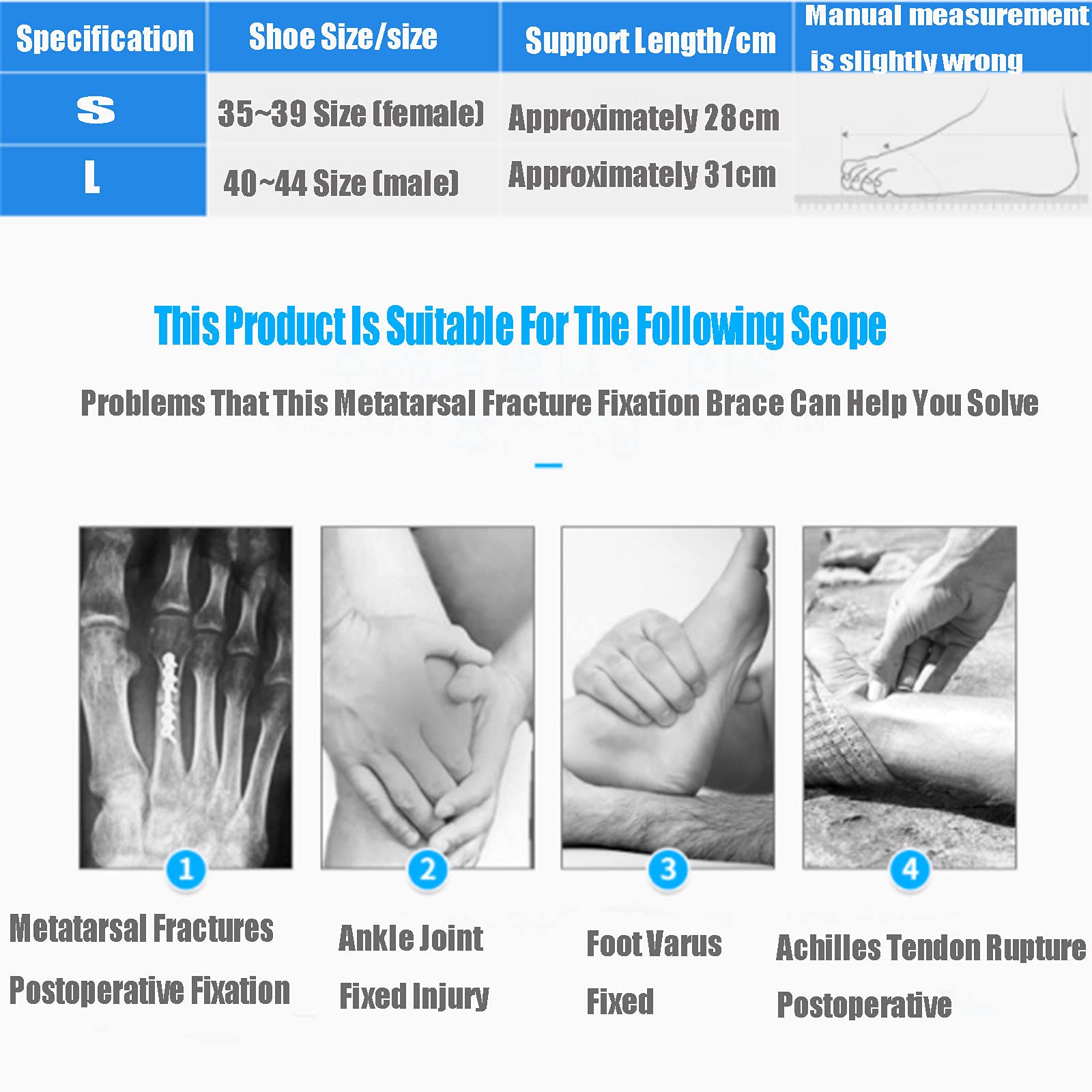 HUANGJUN Foot Droop Orthosis Ankle Foot Orthosis Support Postural Correction Brace Orthosis Splint Rehabilitation Support for Metatarsal Fractures After Surgery,right,L