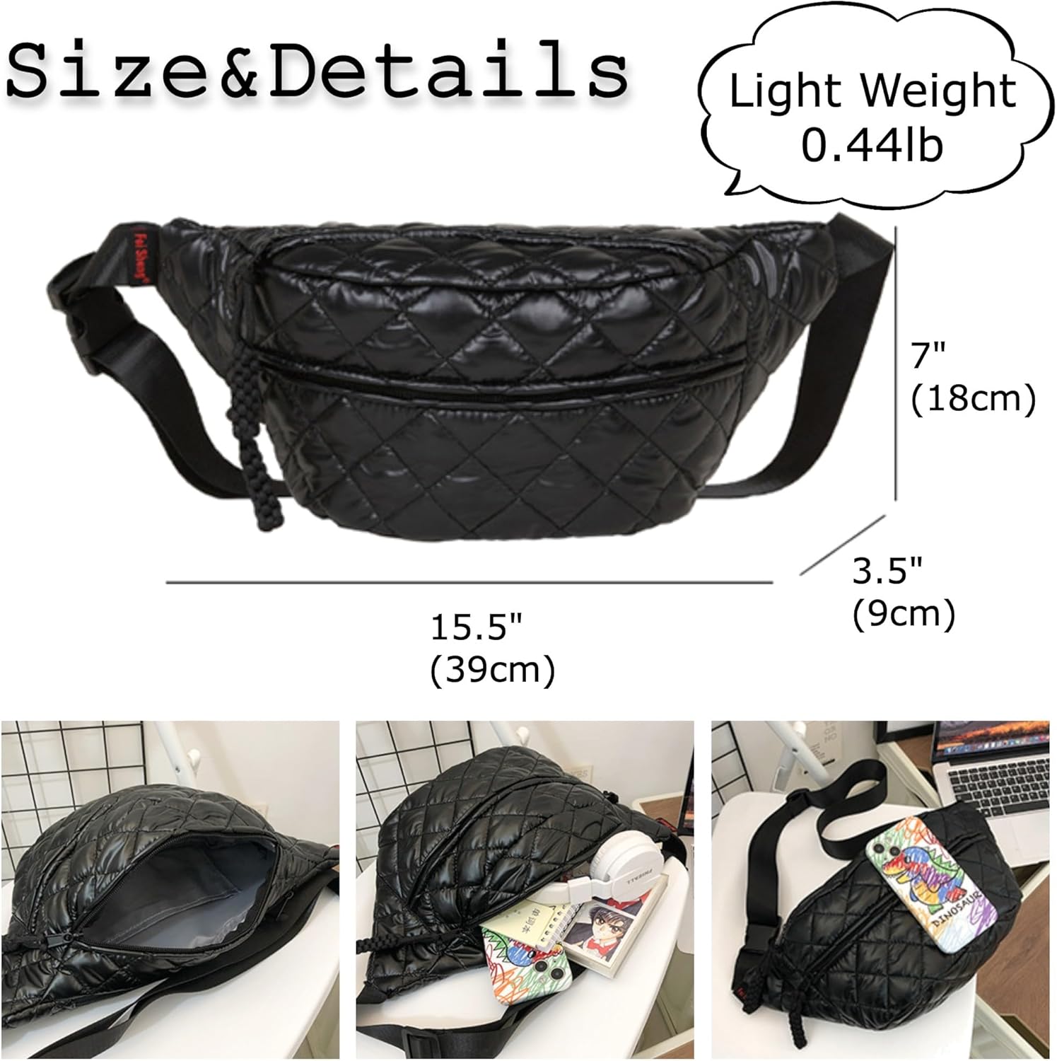 TWO KAT Metalic Quilted Chest Fanny Pack Crossbody Bag with Multi Pockets & Adjustable Strap, Fashionable Men Women Sling Backpack, Casual Waist Belt bag (Silver) - Image 7