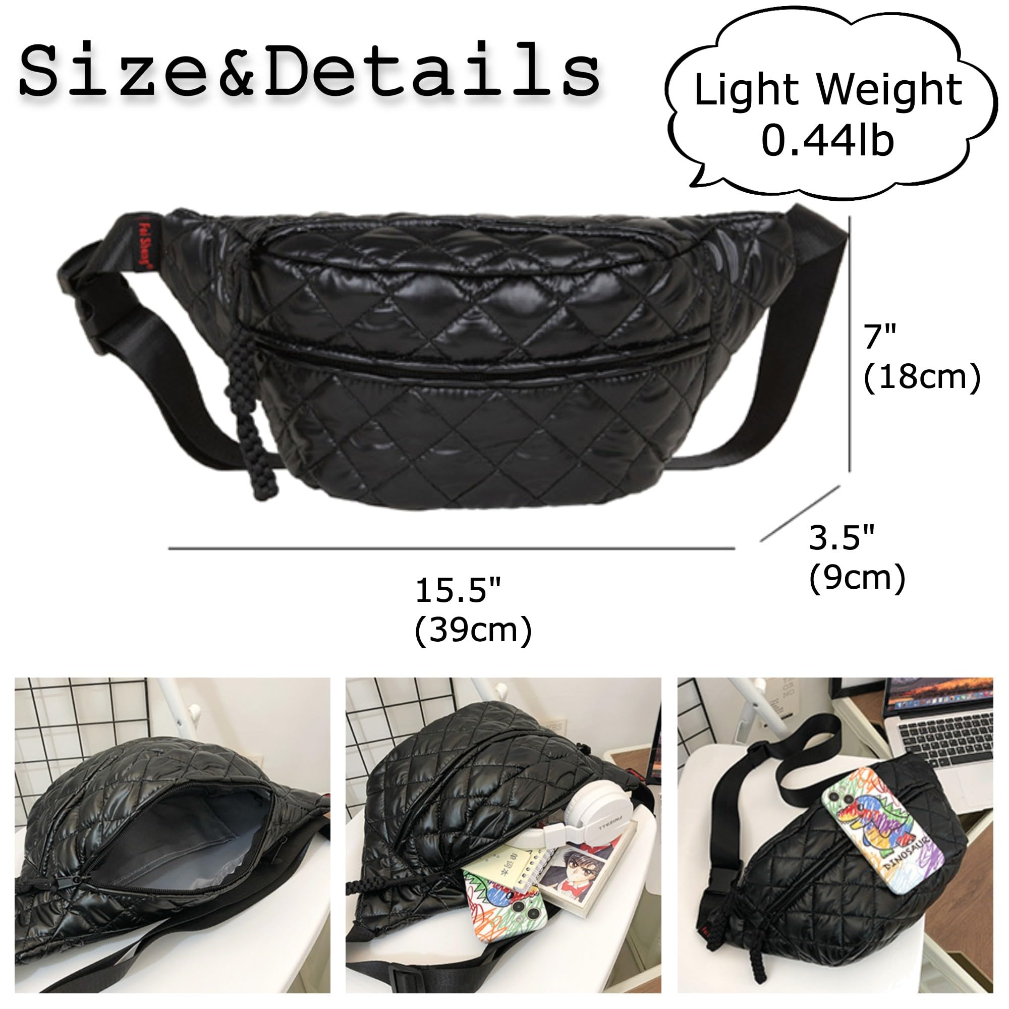 TWO KAT Metalic Quilted Chest Fanny Pack Crossbody Bag with Multi Pockets & Adjustable Strap, Fashionable Men Women Sling Backpack, Casual Waist Belt bag (Black)