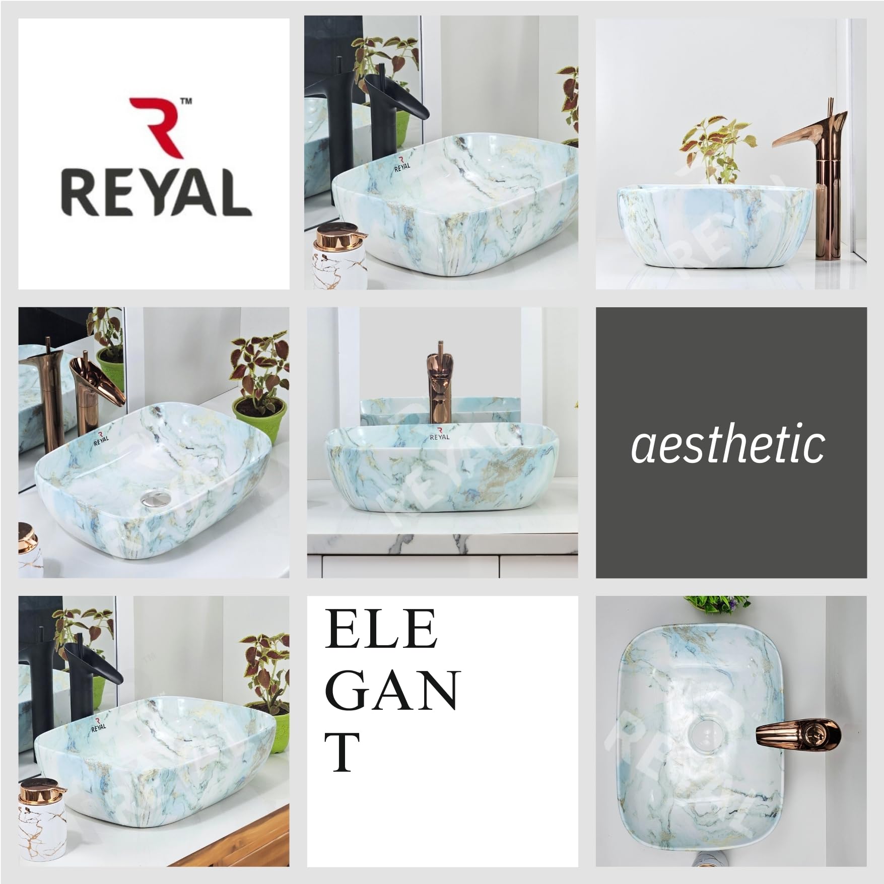 Reyal Wash Basin Marble Series Glossy Ceramic Tabletop Wash basin (13" x 18" x 5.5") Counter Top Washbasin | Bathroom Wash Basin Vessel Sink (CLOUDY GREEN BLUE) 3