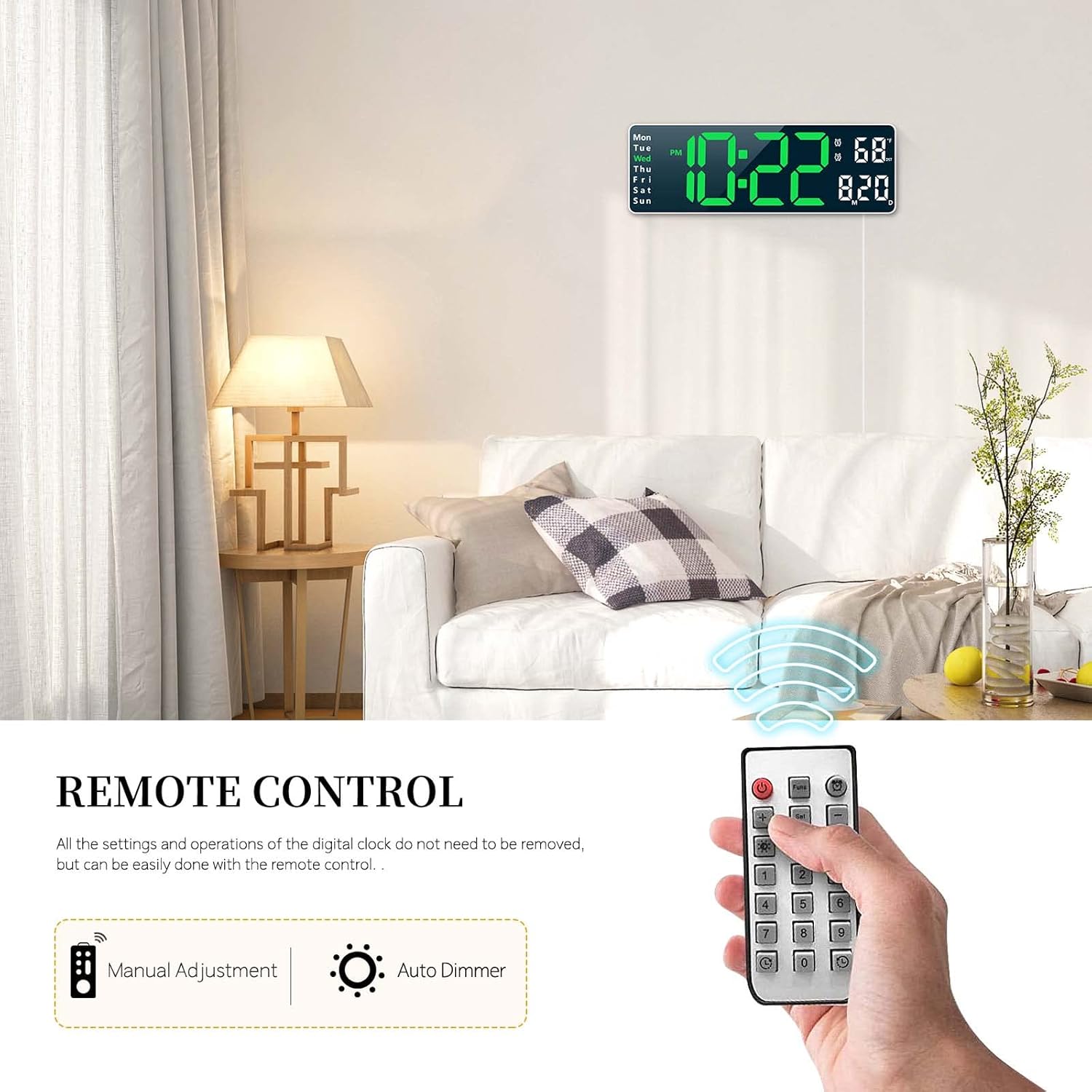 Hand holding the remote control for the Abovsare Digital Clock.