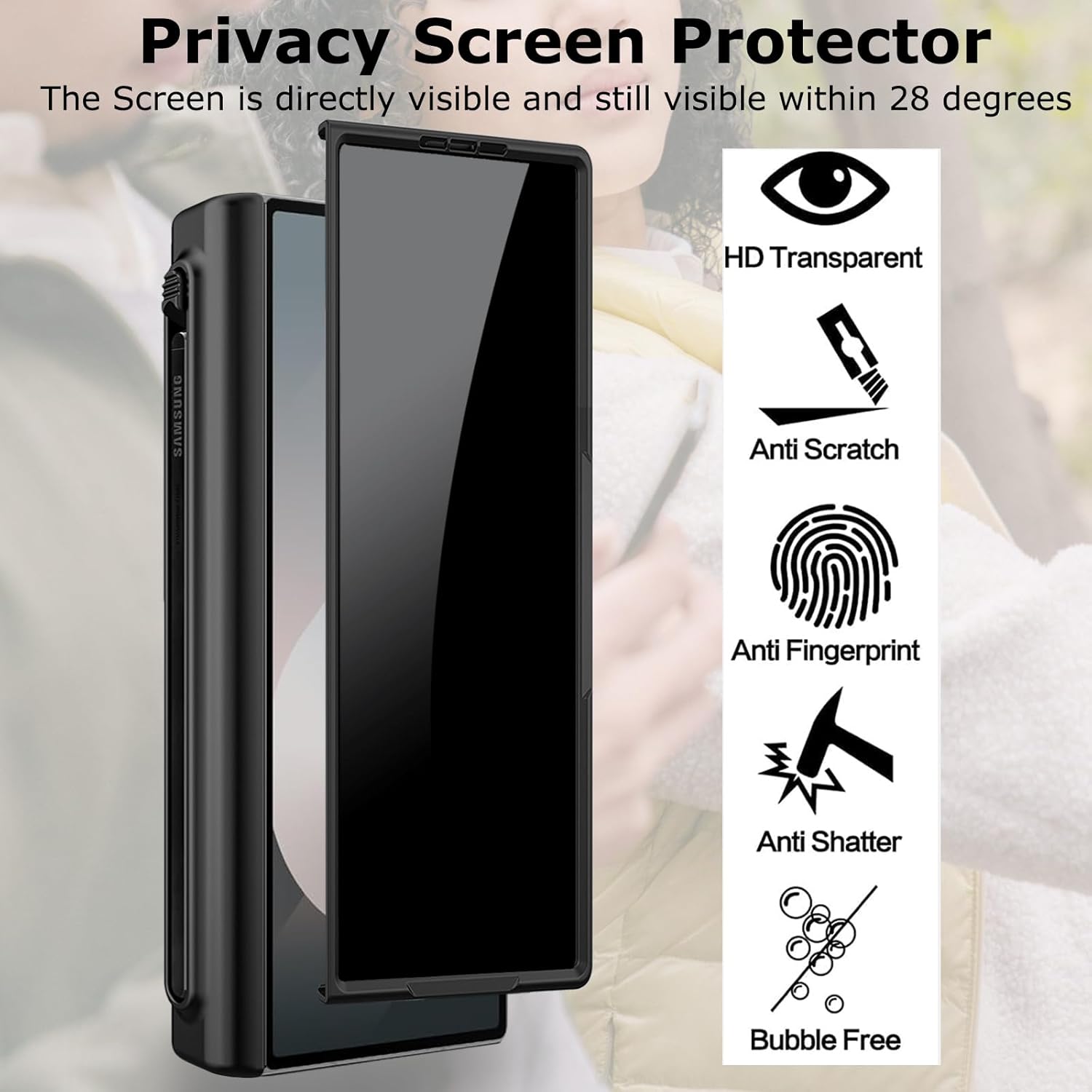 for Samsung Galaxy Z Fold 6 Case with Privacy Screen Protector & S Pen Holder, All-Inclusive Pen Slot Case with Kickstand Spring Hinge Protection Screen Protector Cover for Z Fold 6 Black