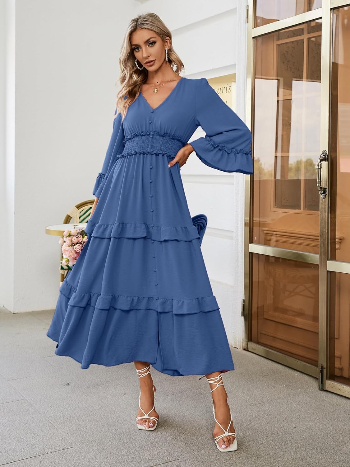 Amegoya Women's V Neck Long Sleeve Boho Maxi Dress Summer Wedding Guest Long Flowy Engagement Dresses - Image 7