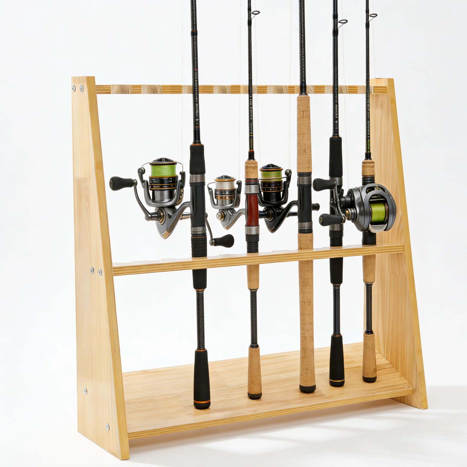 Supporto per canna da pesca in legno, per 10 canne da pesca, attrezzatura da pesca, stecche da biliardo, attrezzatura da pesca, idea regalo per uomini, pescatori, papà, 60 x 18 x 58 cm