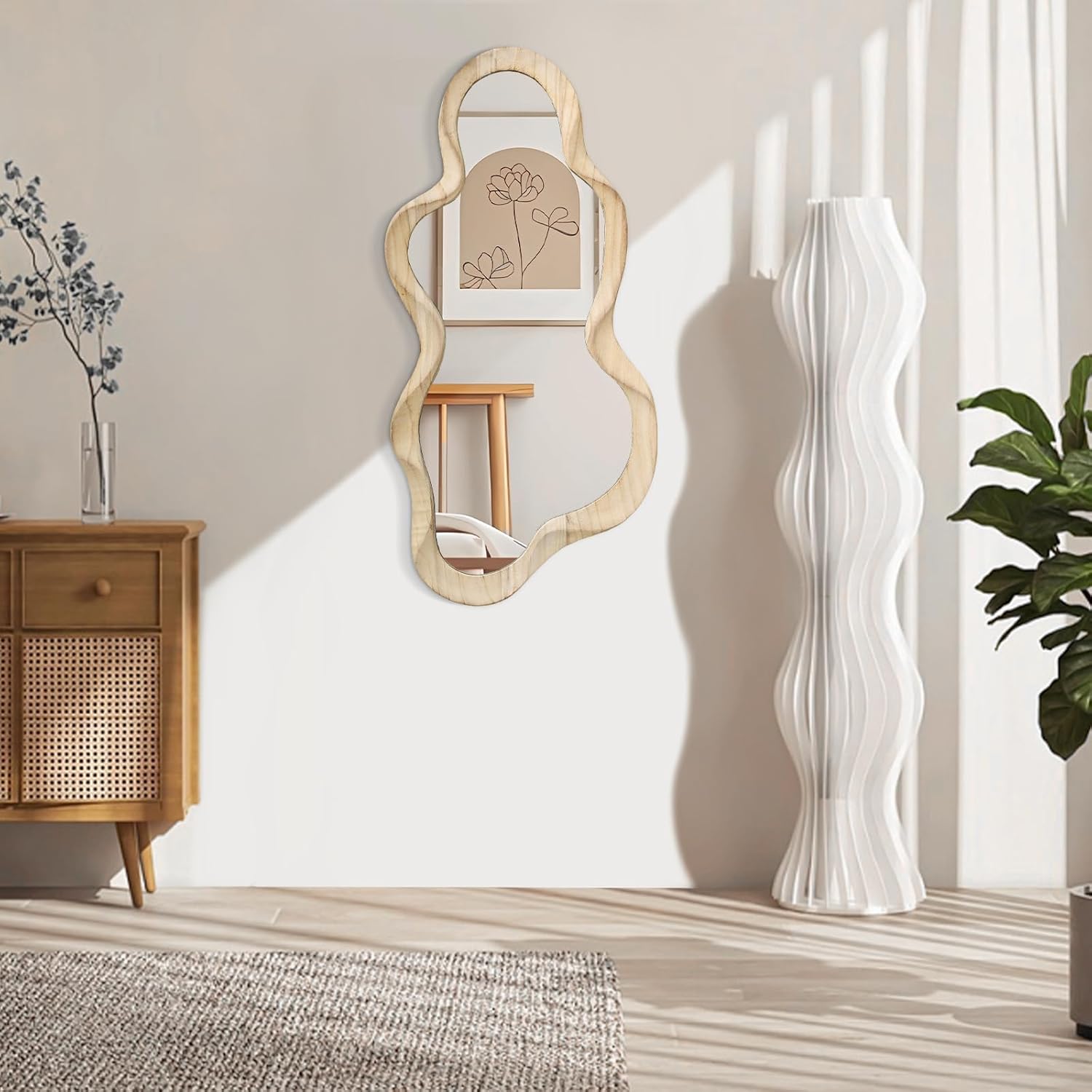 Asymmetrical Cloud Wavy Mirror, Large Irregular Wall Mirror, Modern Wood Frame, Unique Artistic Mirrors, Cute and Stylish, Decorative for Cloakroom, Bedroom, Living Room, Bathroom, Entryway