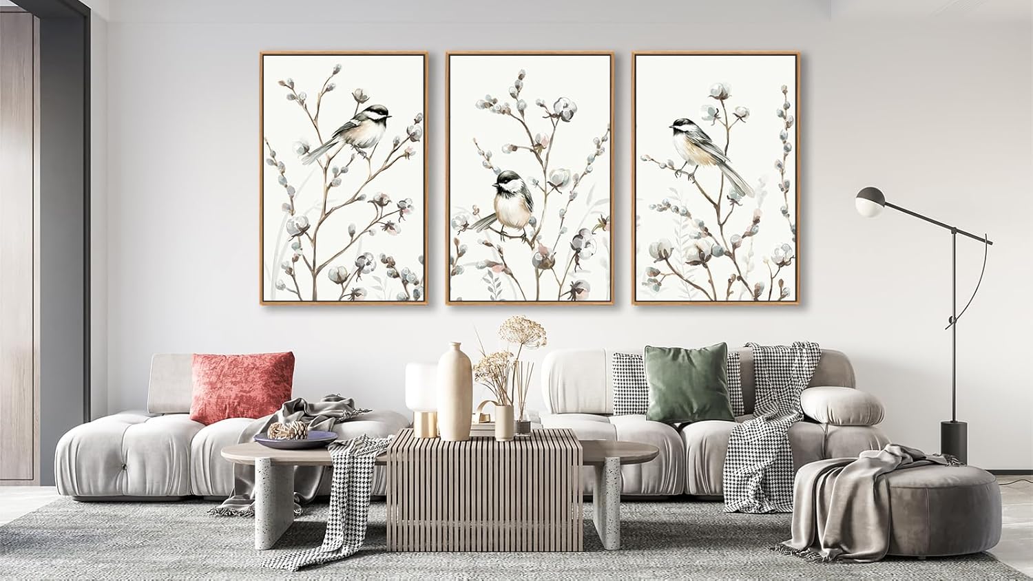 Large Bird Wall Art for Living Room Natural Wood Float Framed Art Set of 3 Tropical Plant Pictures Boho Artwork Creame White Flower Canvas Prints for Bedroom Kitchen Home Office Wall Decor 16"X24"X3