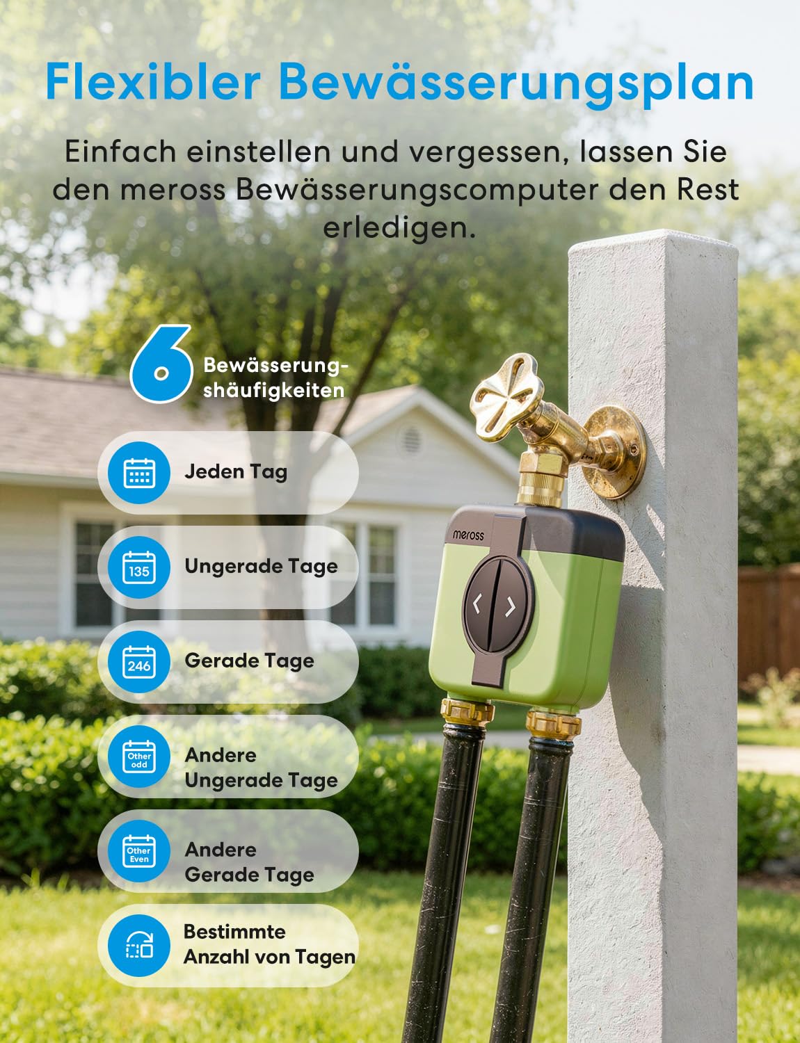 Meross Bewässerungscomputer WLAN 2 Ausgänge MST200, Automatische Bewässerung & Fernsteuerung, Regenverzögerung & Wasserverbrauchsmonitor, kompatibel mit Apple Home, Alexa & Google Home, Grün, 2.4GHz