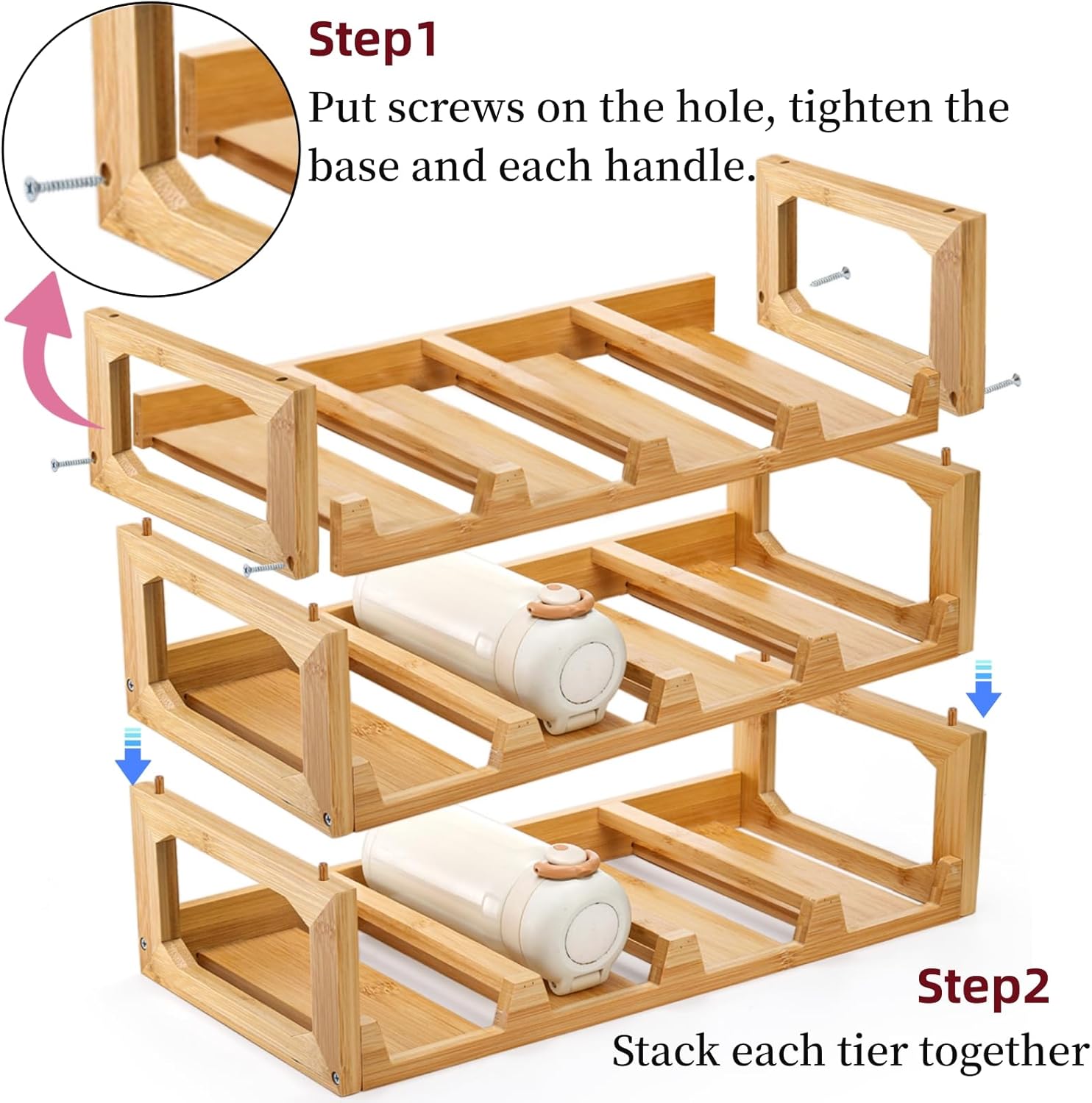 3 Tier Bamboo Water Bottle Organizer, Stackable Bottle Storage Rack, Tumbler Shelf Organizer, Wine Bottle Holder, Drinking Cup Display Rack for Cabinet Kitchen Cupboard, Hold 12 Bottles - Image 4
