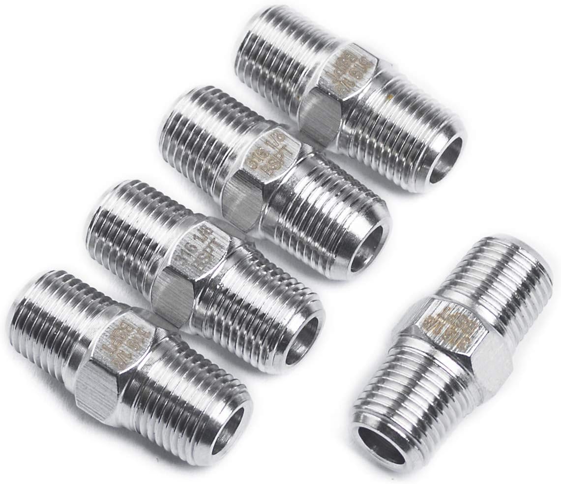 LTWFITTING Stainless Steel 316 Pipe Hex Nipple Fitting 1/8-Inch Male BSPT Air Fuel Water (Pack of 5)