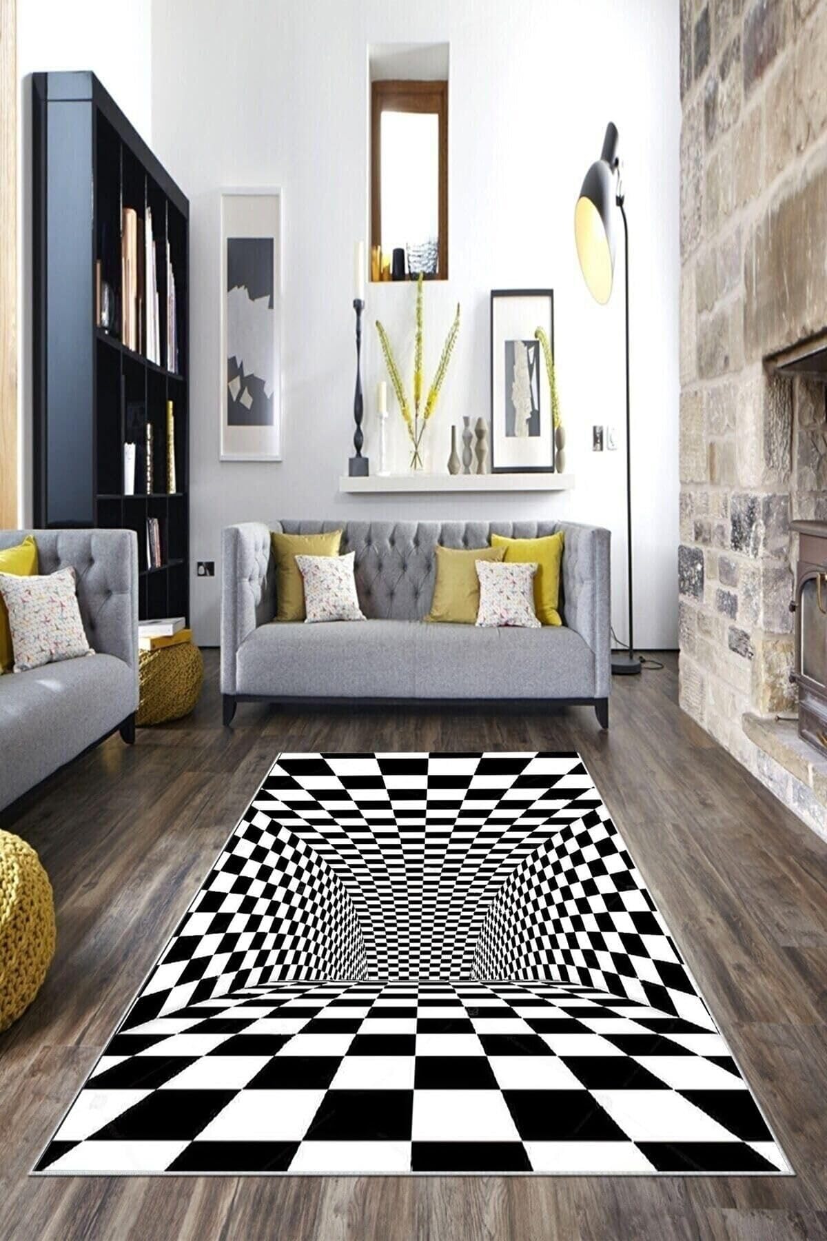 Pelangi Siyah Beyaz Dama Desenli 3d Yıkanabilir Kaymaz Taban Leke Tutmaz Modern Salon Halısı Ve Yolluk, Siyah-Beyaz 160 x 300, 135832116030005