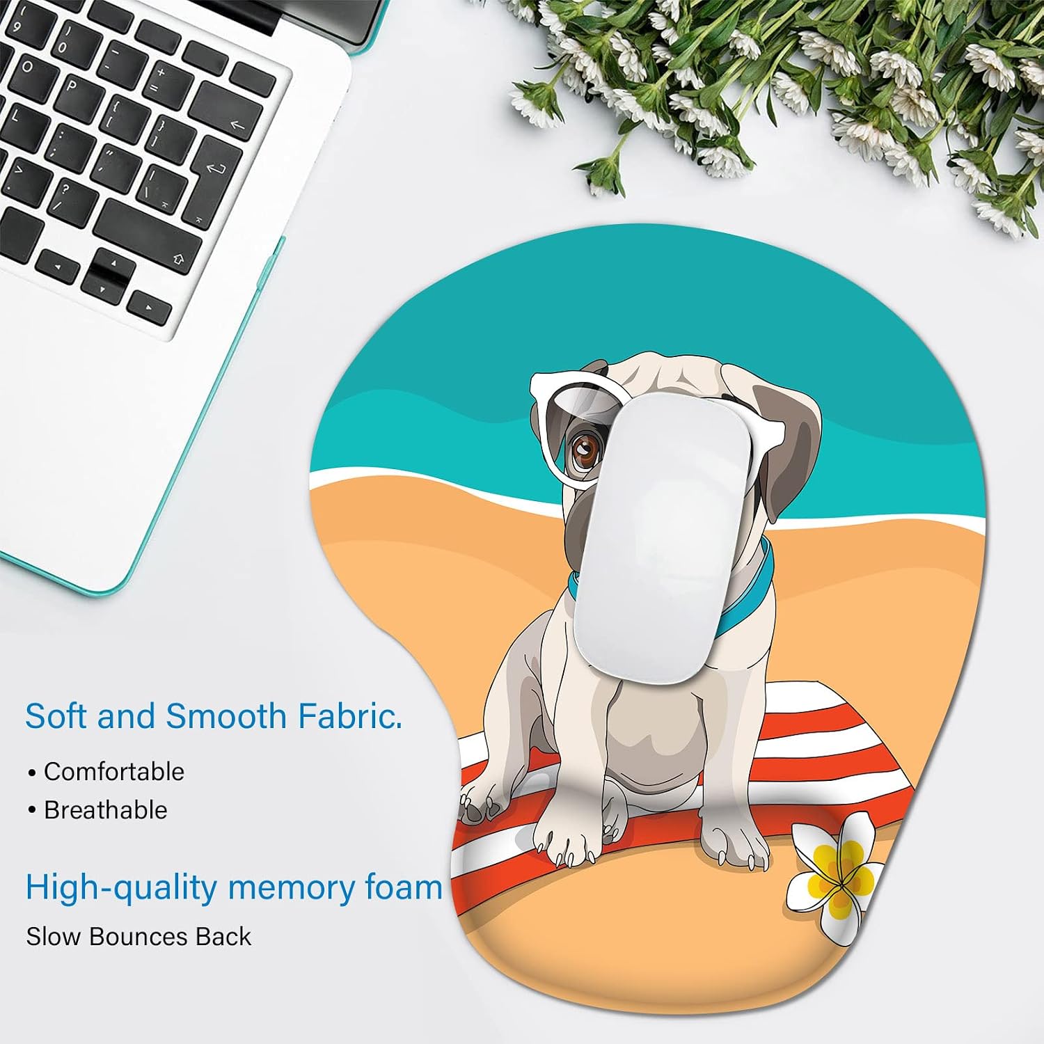Ergonomic Mouse Pad with Wrist Support Beach Holiday Dog Mouse Pads with Non-Slip Rubber Base for Home Office Gaming Working Computers Laptop Easy Typing & Pain Relief