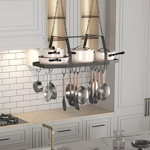 Miniatura 8 de Estante hexagonal para ollas de techo con 15 ganchos, 34 pulgadas de metal para colgar ollas y sartenes para colgar en el techo, perchas para ollas