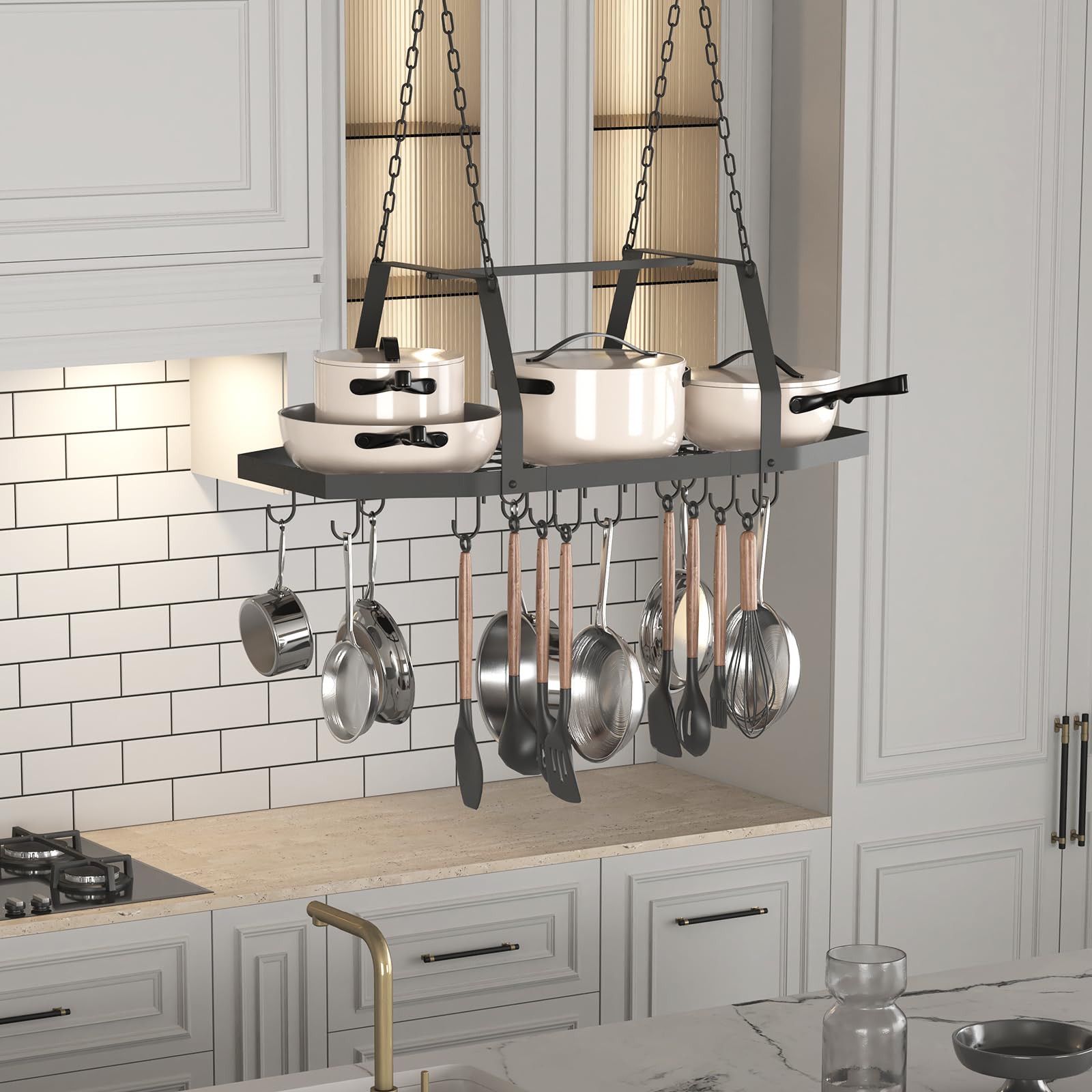 Estante hexagonal para colgar ollas de techo con 15 ganchos | Estante organizador de metal para colgar ollas y sartenes de 34 pulgadas, para utensilios de cocina