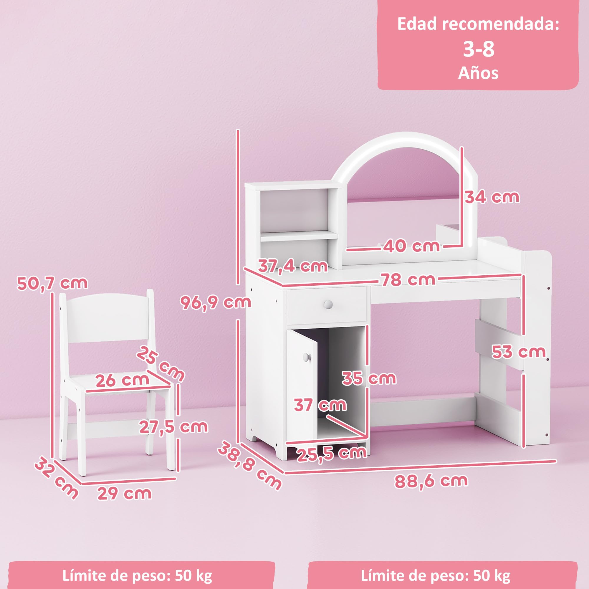AIYAPLAY Tocador de Maquillaje Niña, Tocador Infantil con Taburete y Espejo con Luces LED, 1 Cajón, Armario y 5 Estantes, para Niños de 3 a 8 Años, Blanco