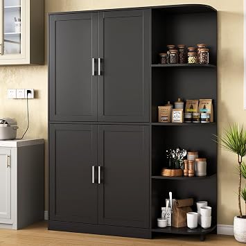 Kitchen Pantry Storage Cabinet, 64" Tall Freestanding Cupboard with Doors & Adjustable Shelves, Food Pantry Cabinet with 5-Tier External Shelf for Dining Room Black