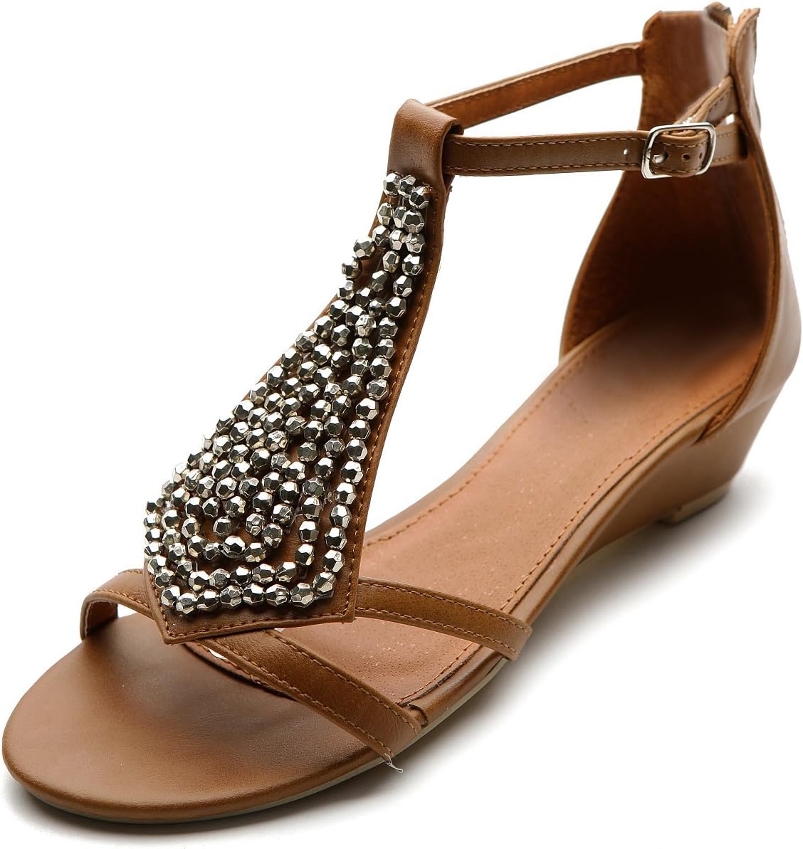Ollio Women's Shoe Gladiator Flat Silver Bead Accent Wedge Multi Color Sandal(6.5 B(M) US, Brown)
